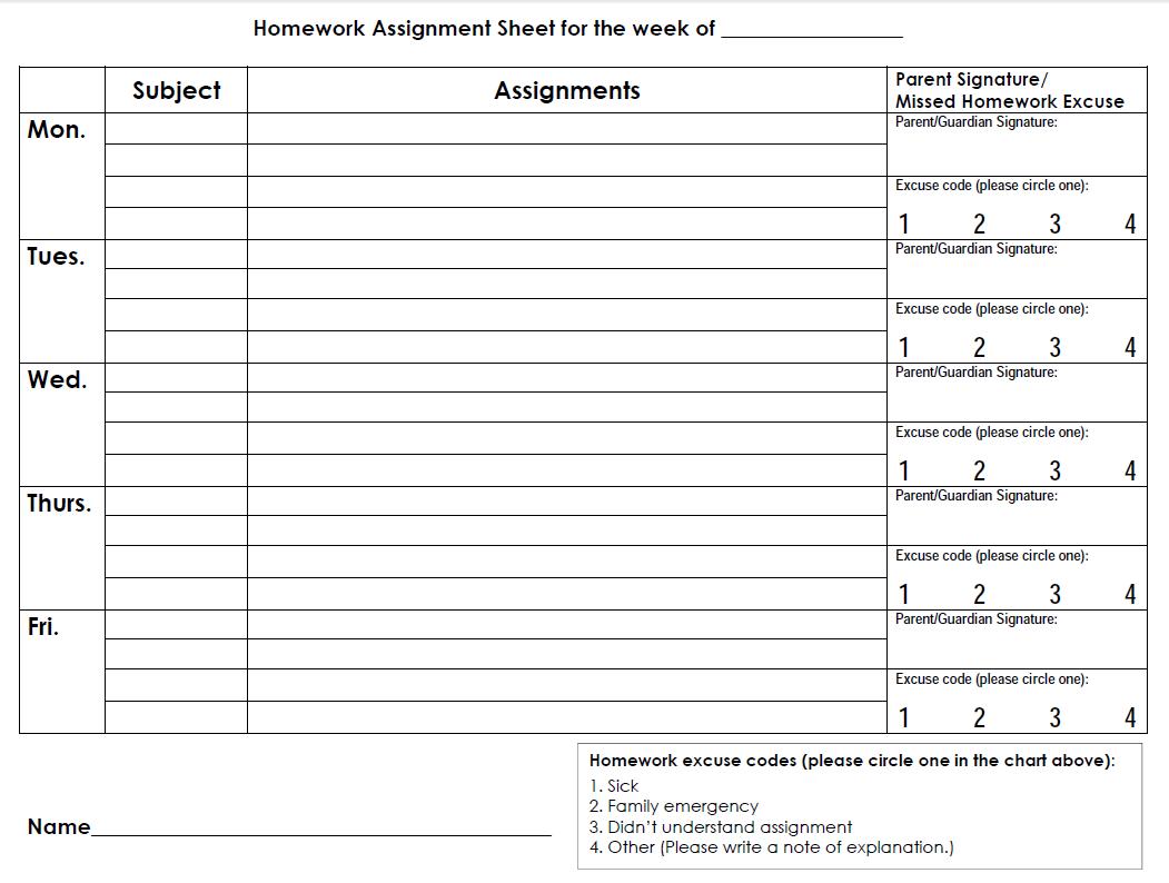 High School Homework Sheet Printable