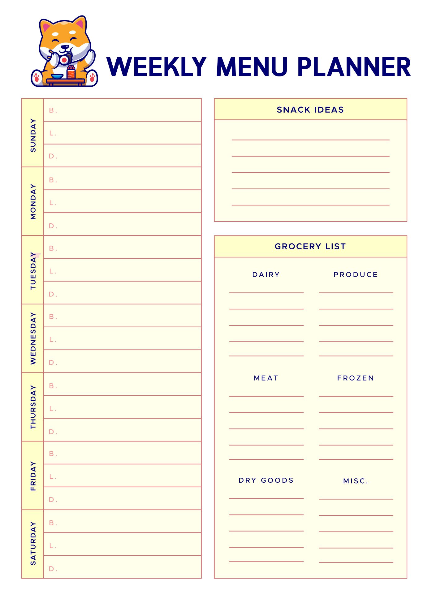 meal planner template printable