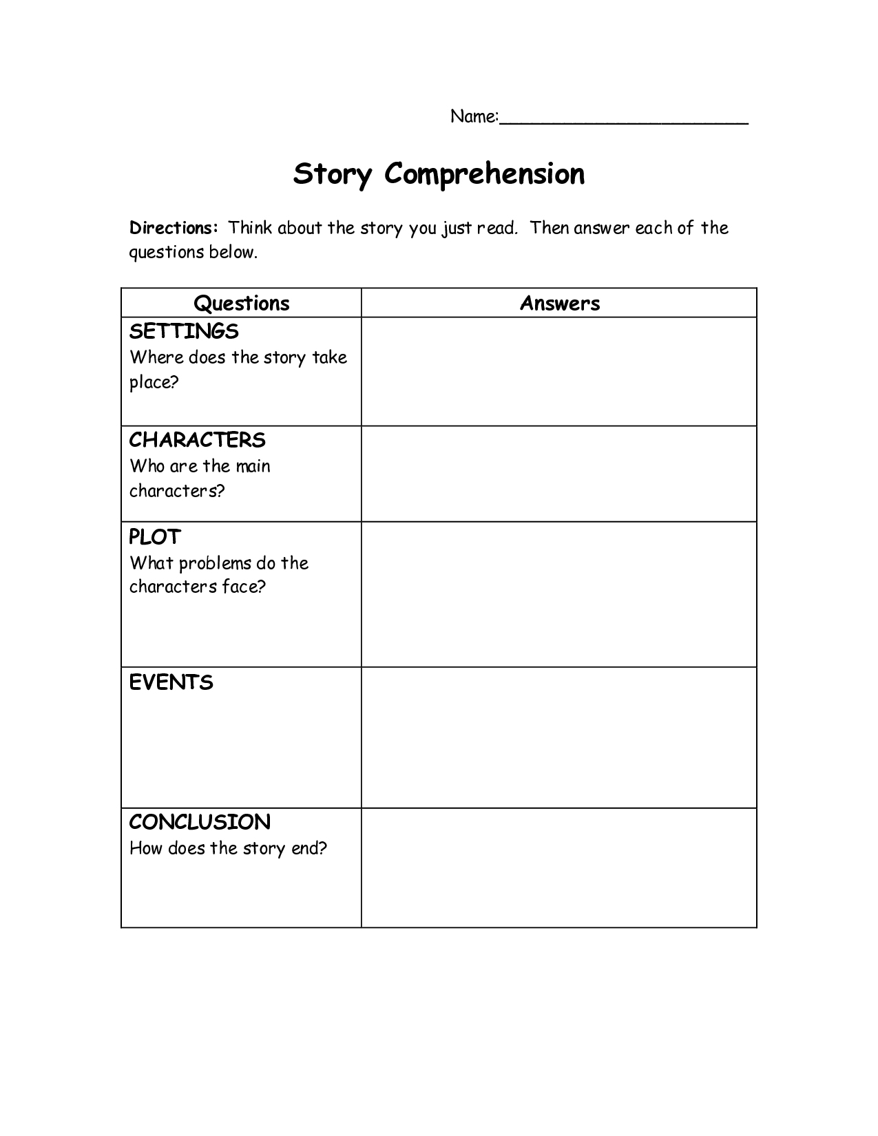 Story Comprehension Worksheets