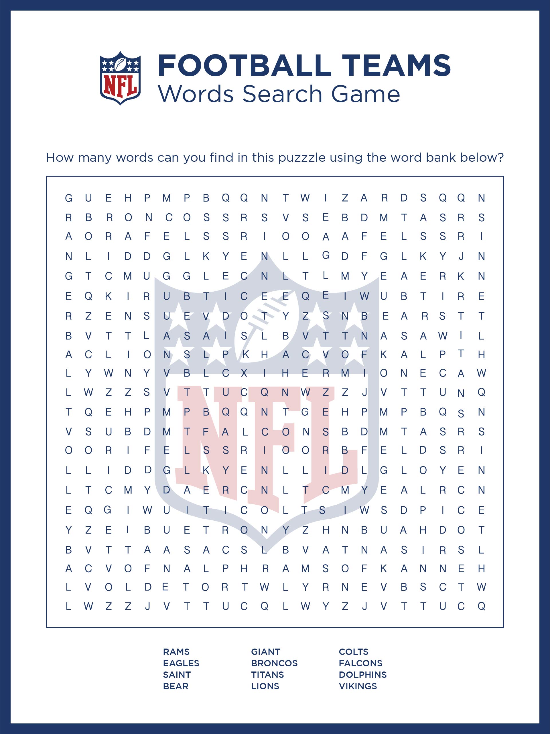 nfl word search activity shelter - 6 best images of nfl football word ...