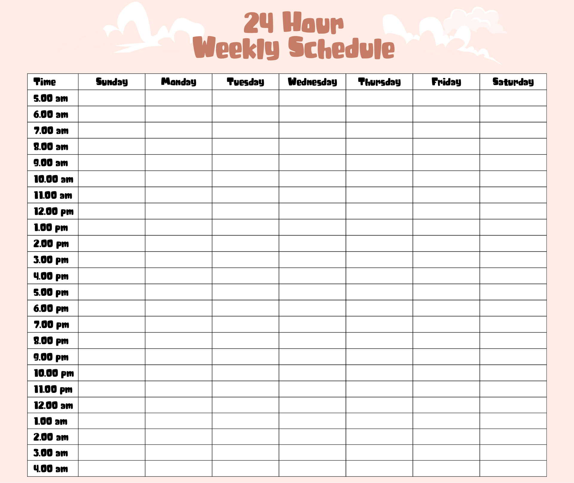 Hourly Schedule Template Excel from printablee.com