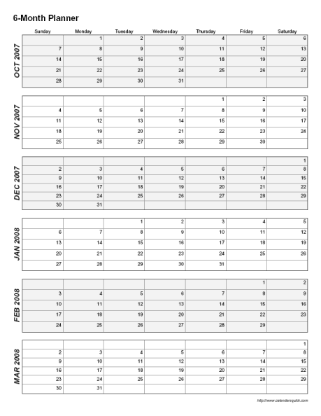 Printable 2015 6 Month Calendar Template