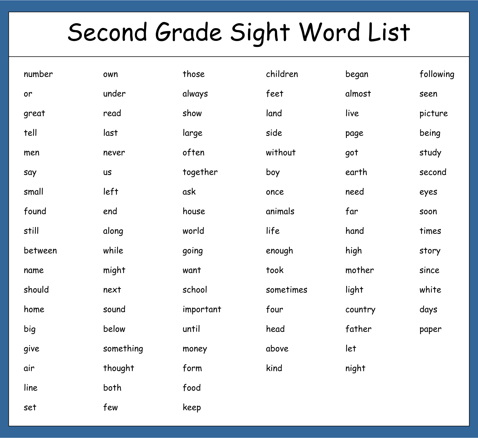 2nd grade dolch sight words printable