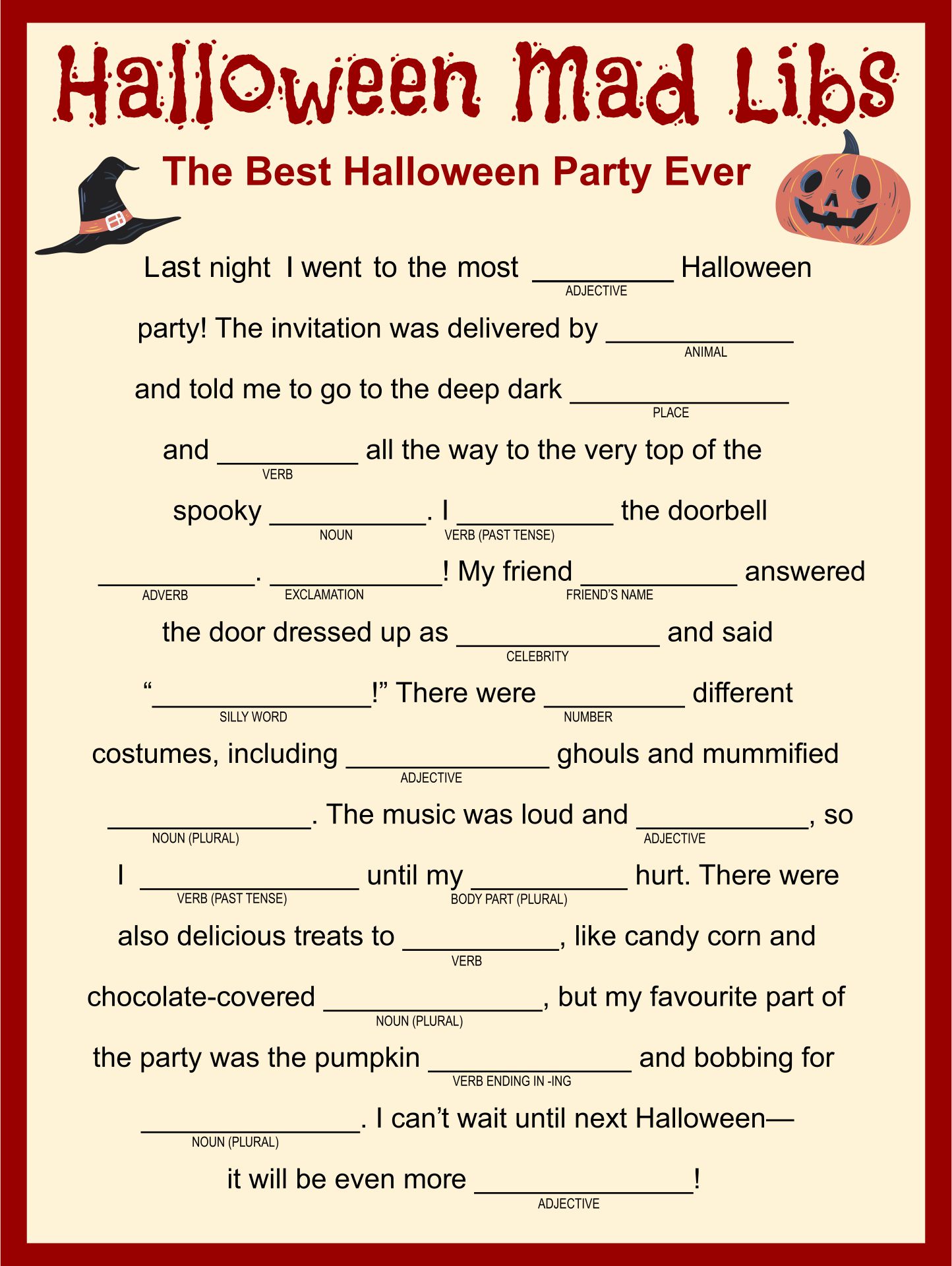 Halloween Mad Libs Story Printable
