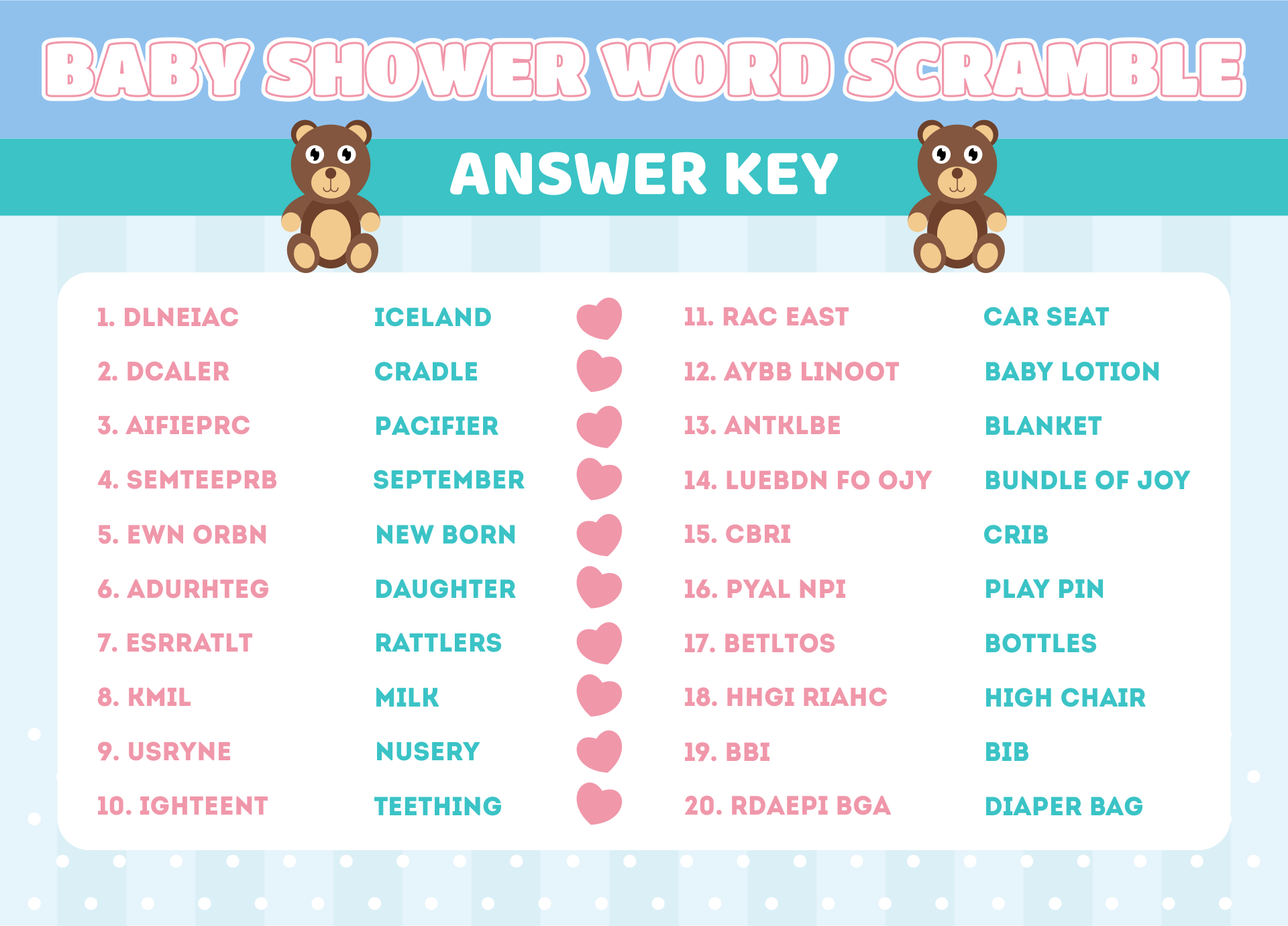 Printable Baby Word Scramble With Answer Key