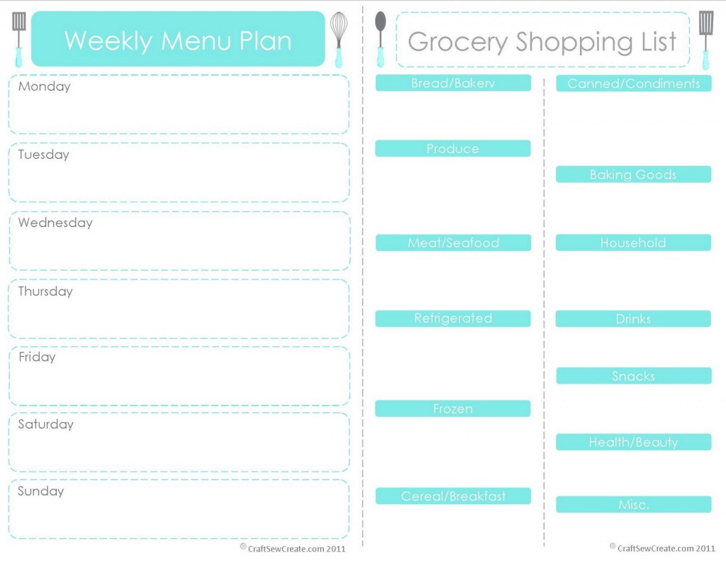 Printable Weekly Menu Planner With Grocery List