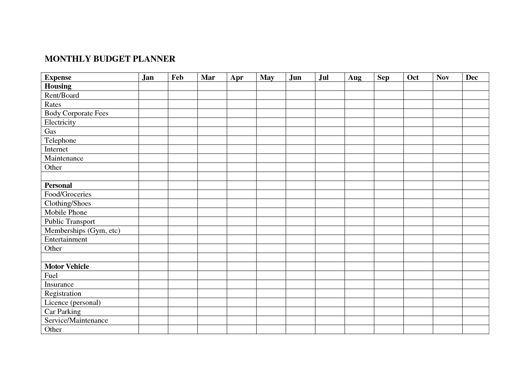 Blank Monthly Budget Planner Spreadsheet