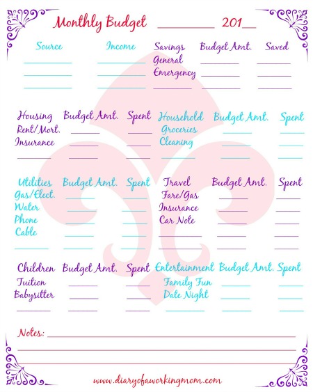 Family Monthly Budget Worksheet Printable