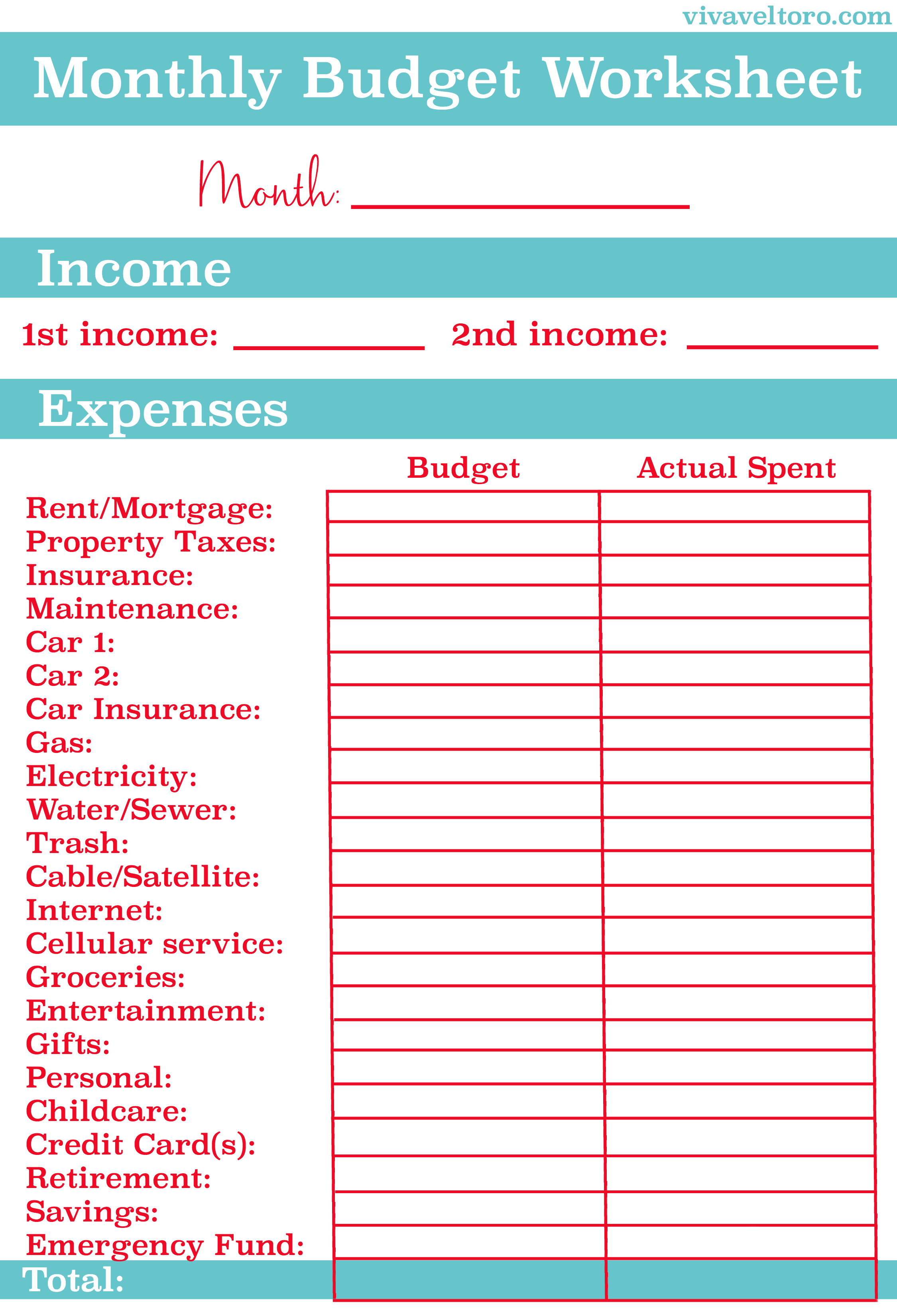 Monthly Budget Worksheet