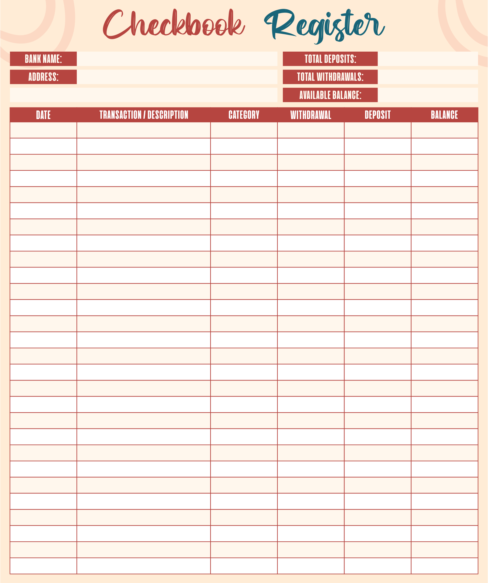 Printable Check Register Checkbook Size