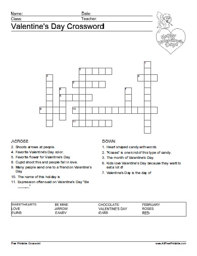 Day Valentine Printable Crosswords Puzzles