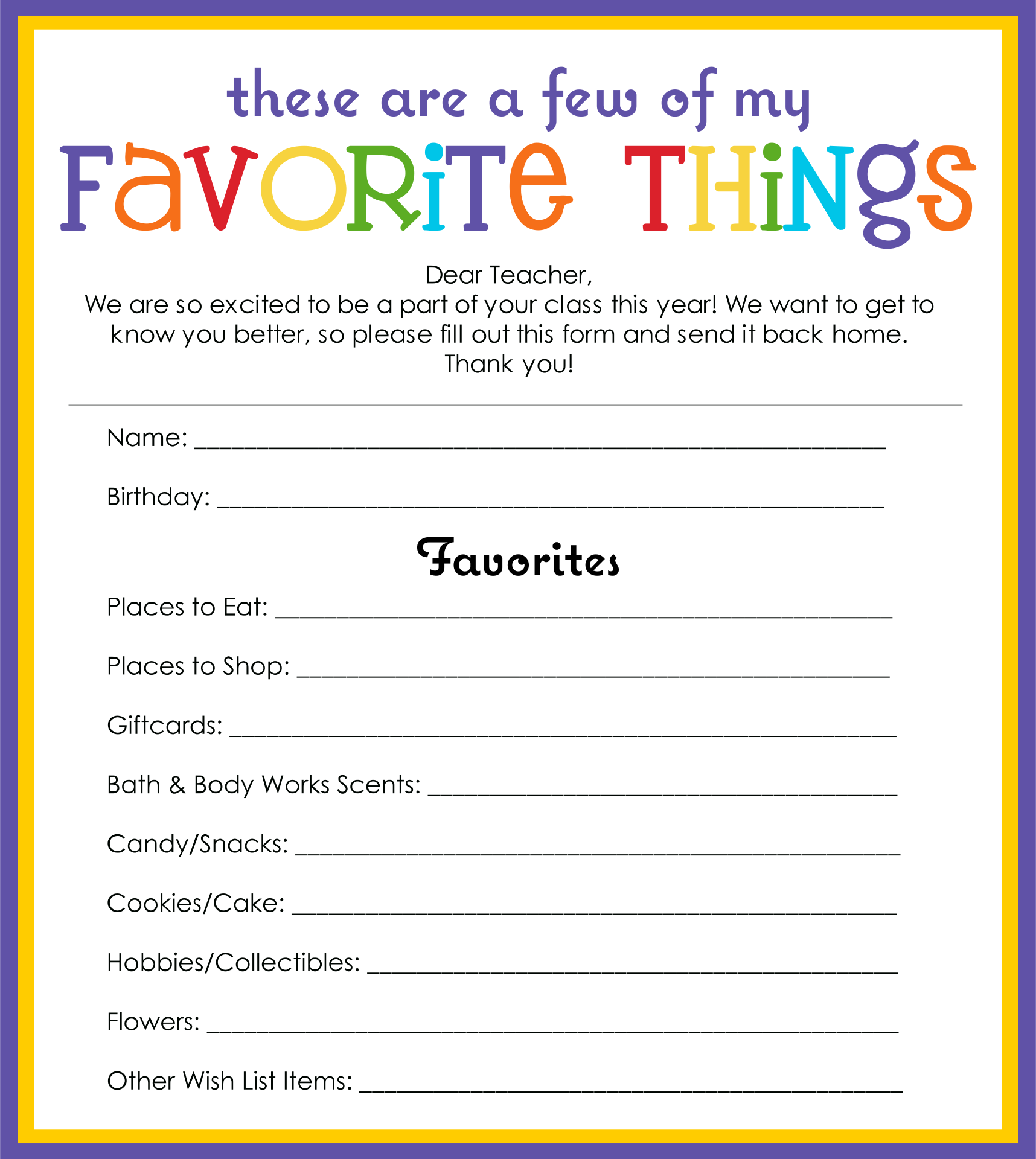 Favorite Things List For Employees Free Printable