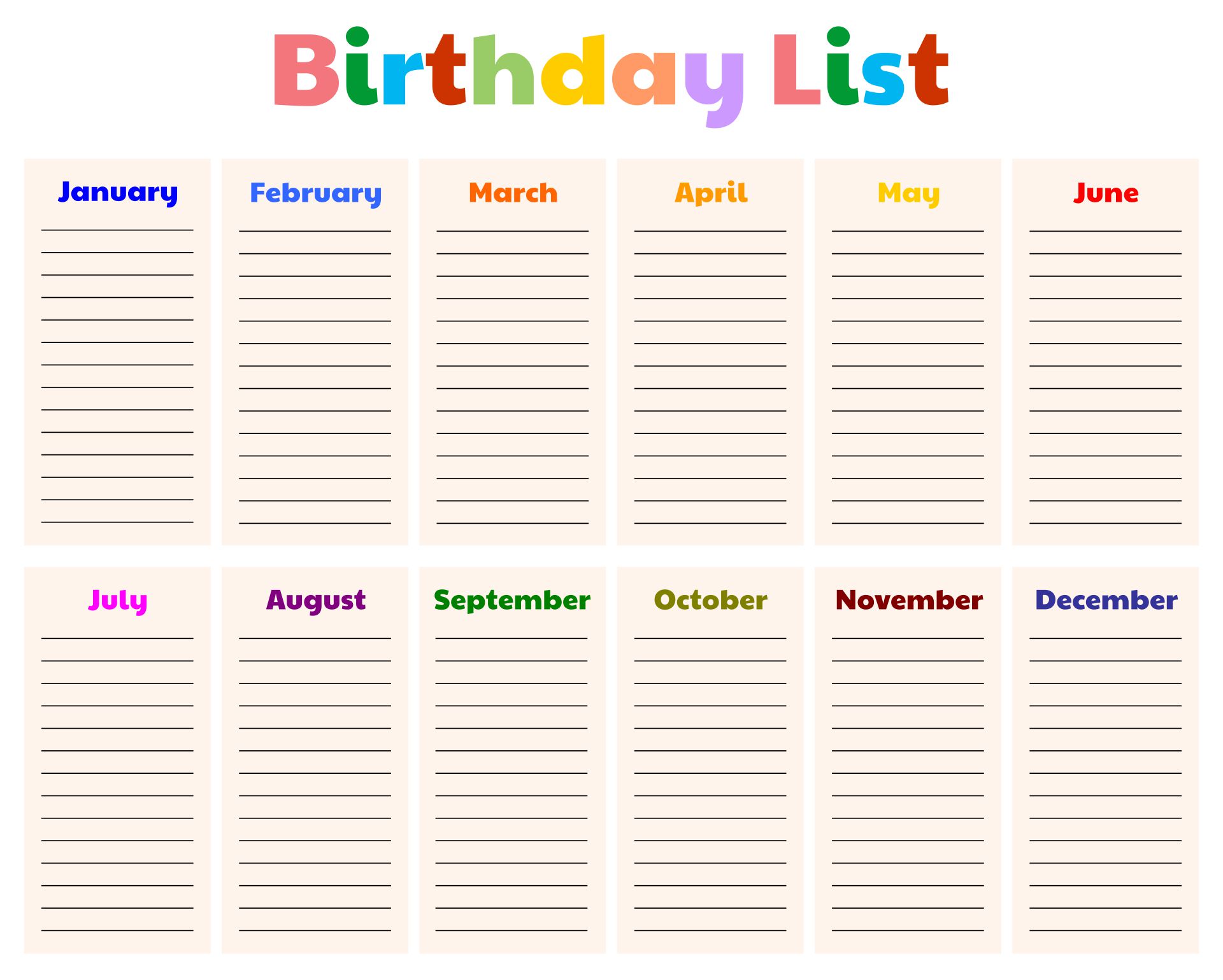 Printable Birthday List Template - Printable World Holiday