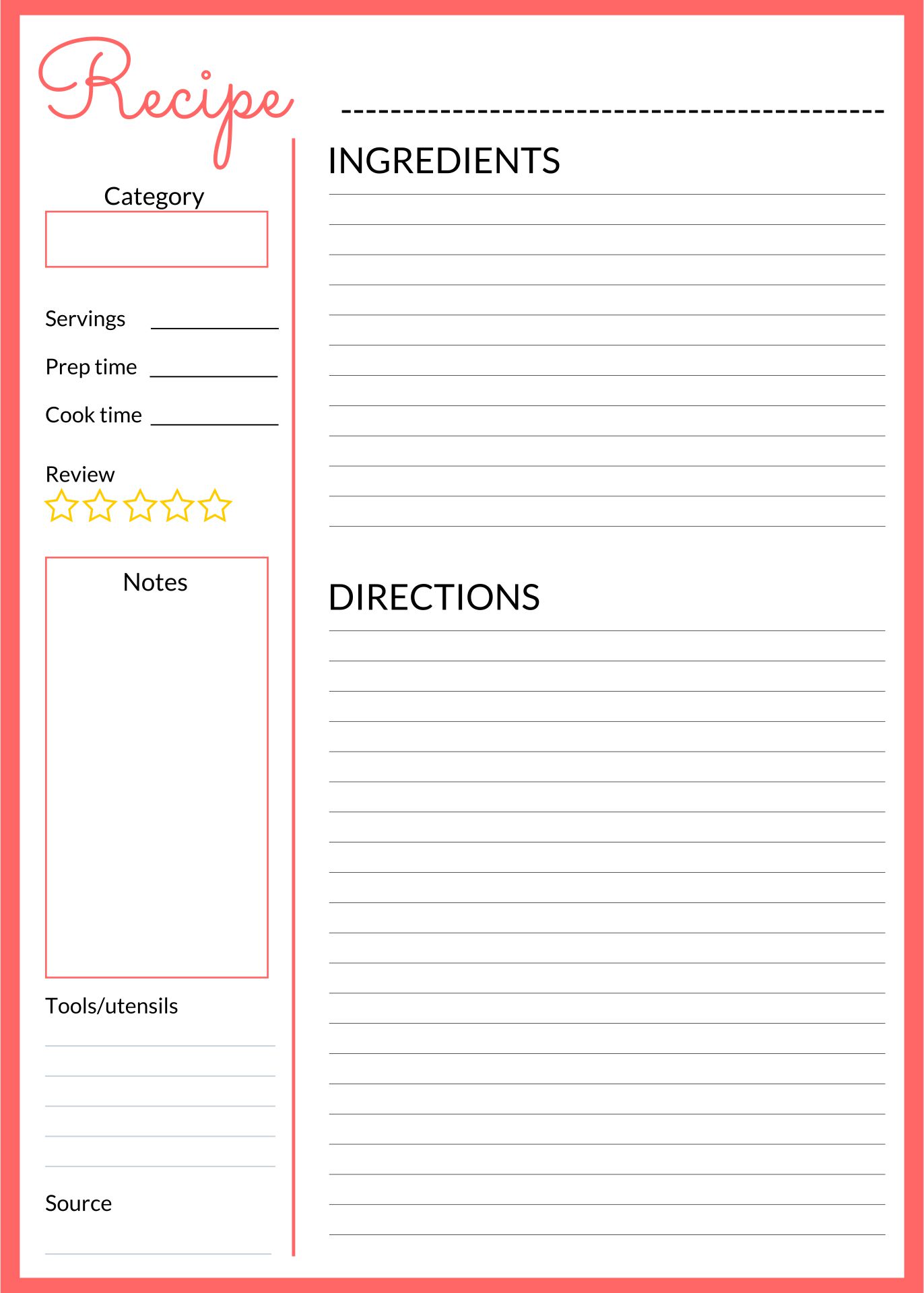 Template For Recipe Book Pages