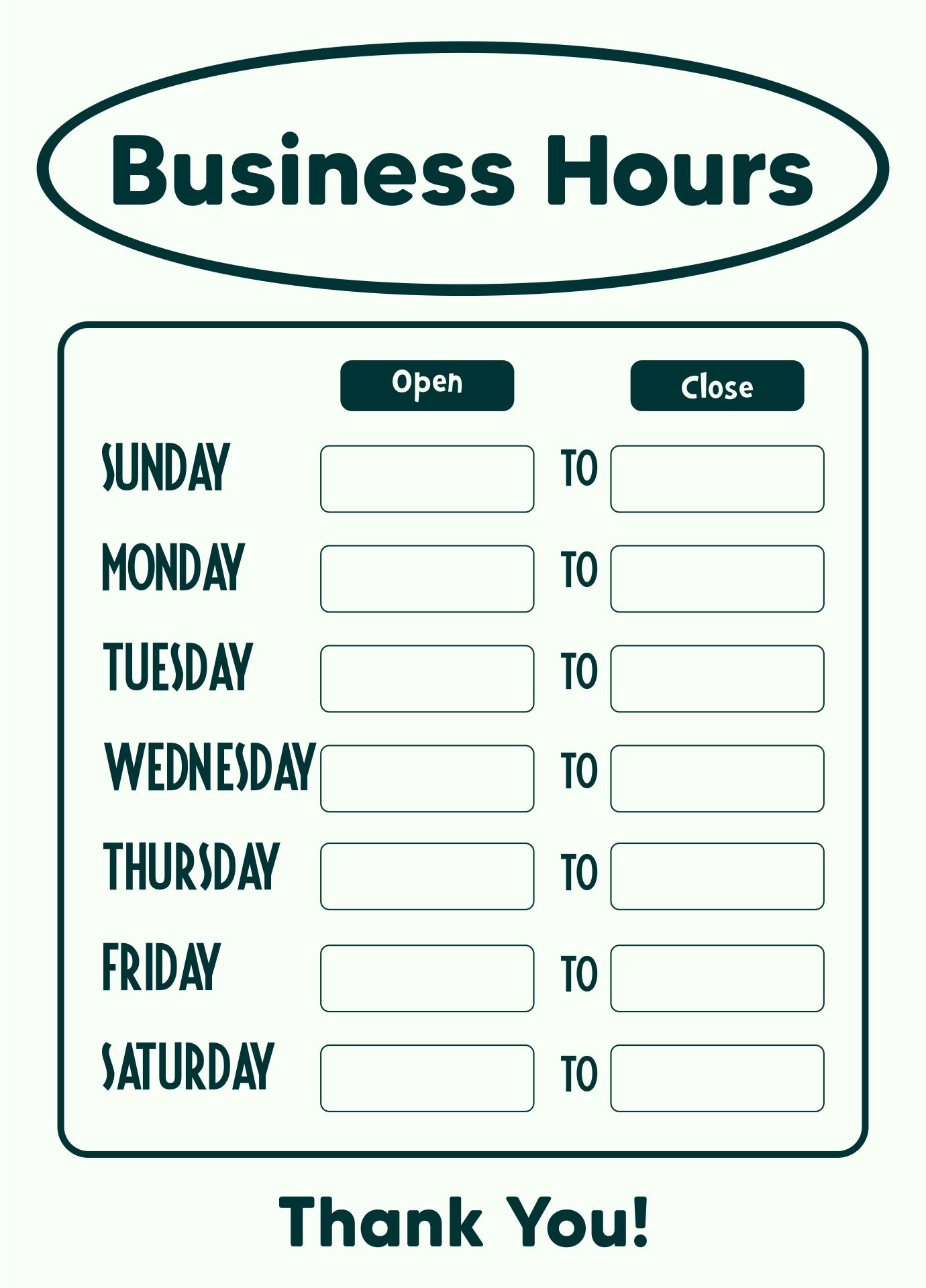 Business Hours Sign Printable