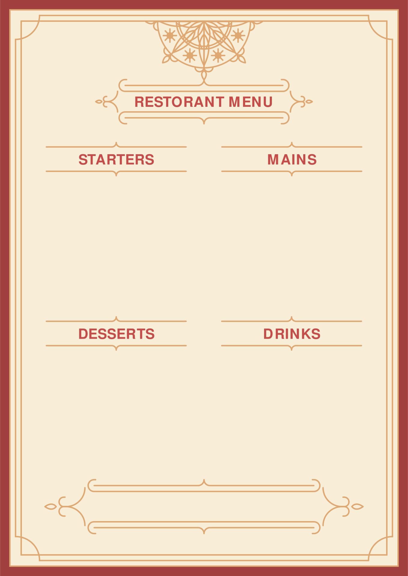 blank menu calendar