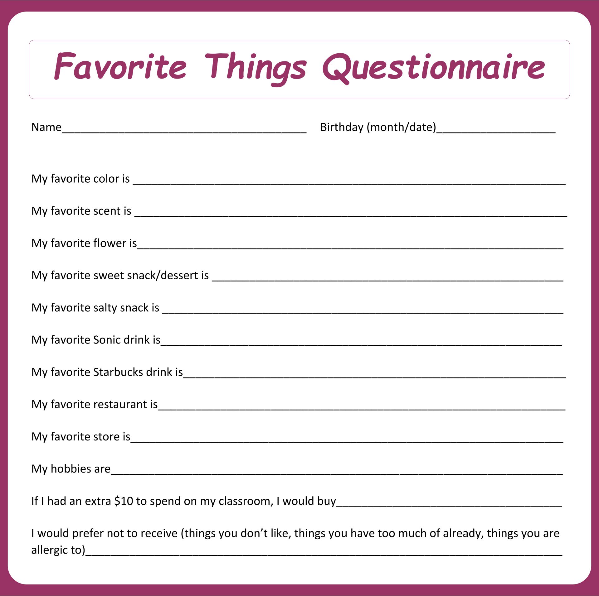 10 Best My Favorite Things Template Printable For Free At Printablee