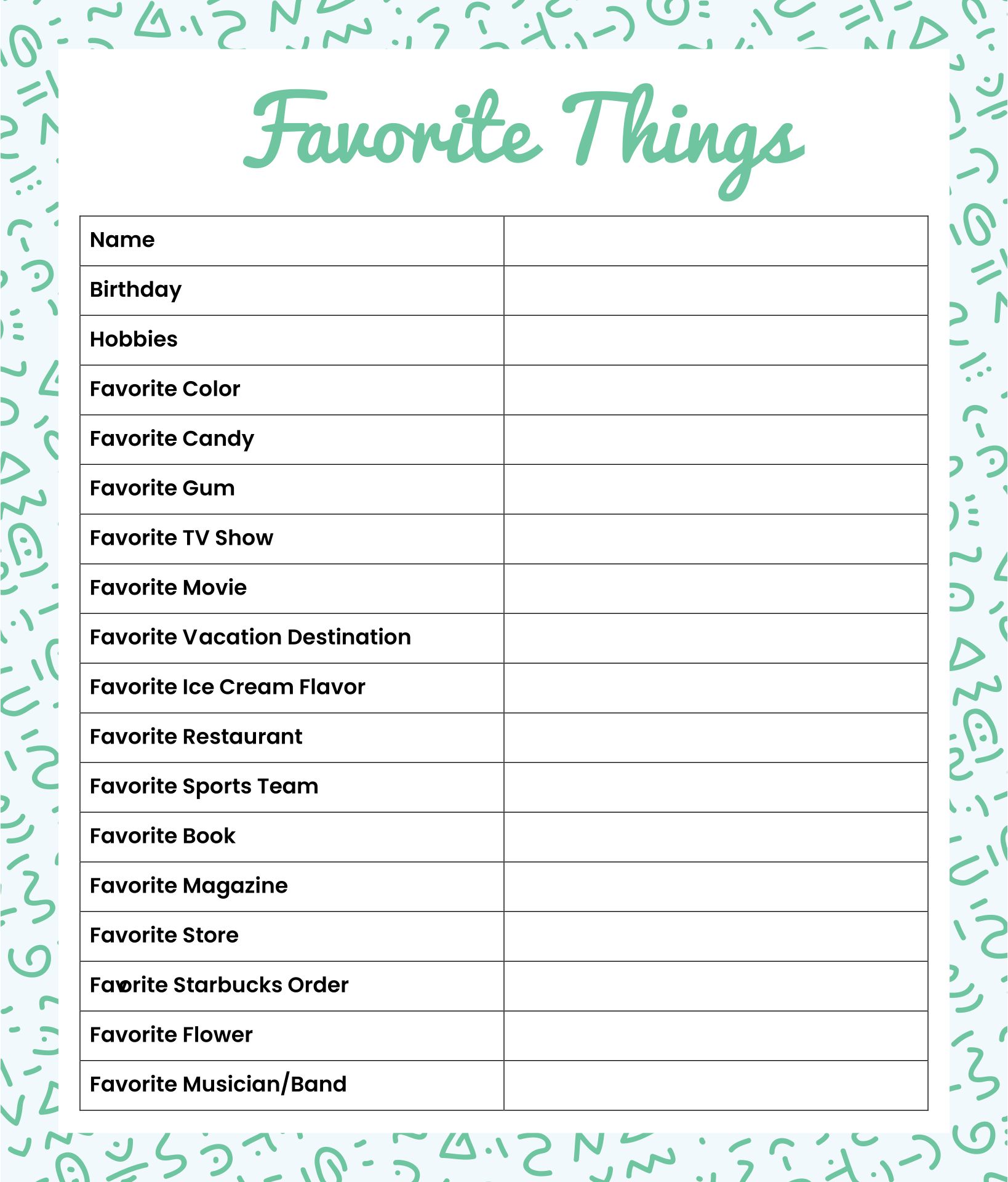My Favorite Things Template 10 Free PDF Printables Printablee