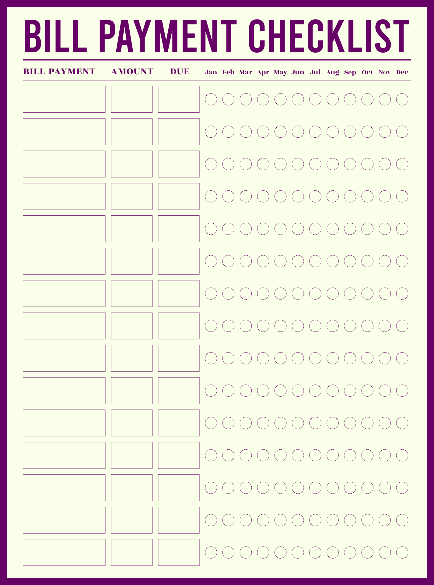 Printable Bill Payment Checklist