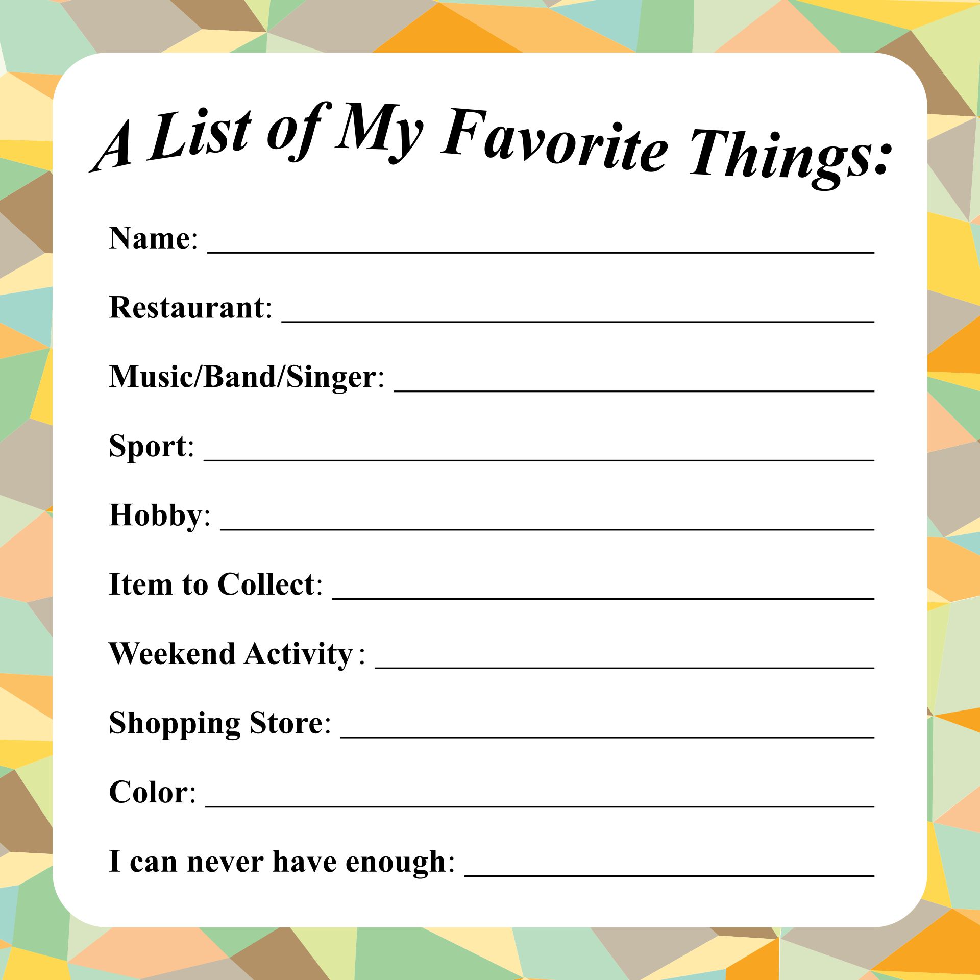 Favorite Things Printable Free