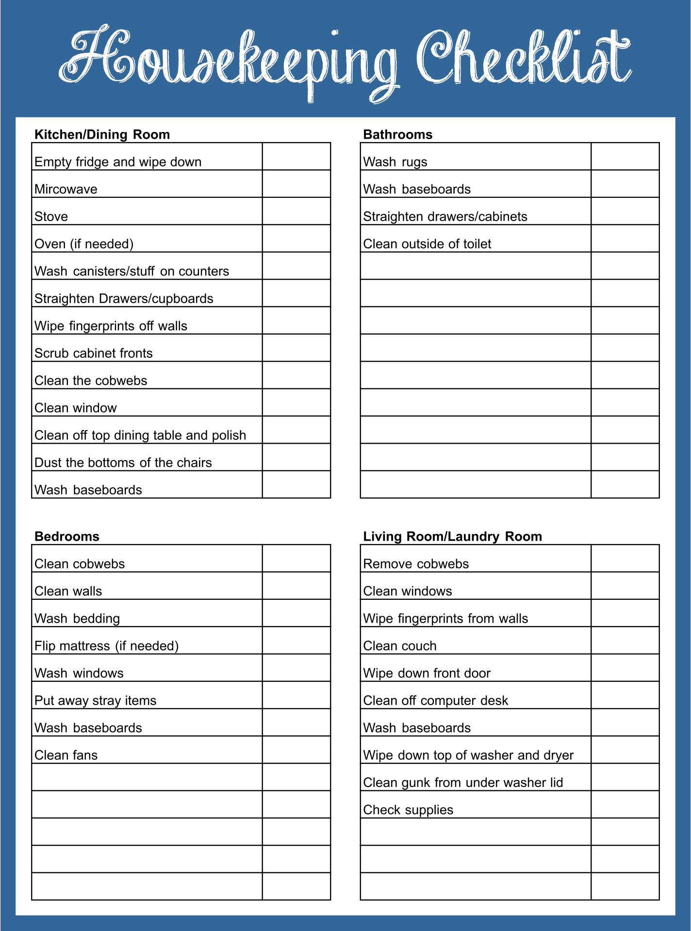Printable Housekeeping Checklist