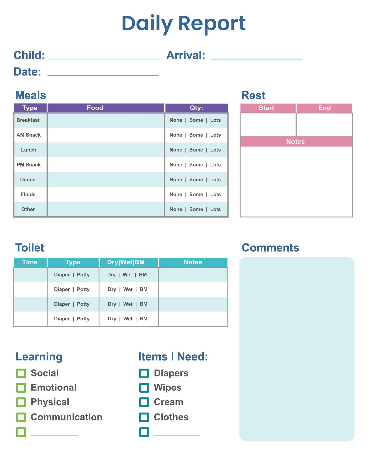 Infant Daily Report Template