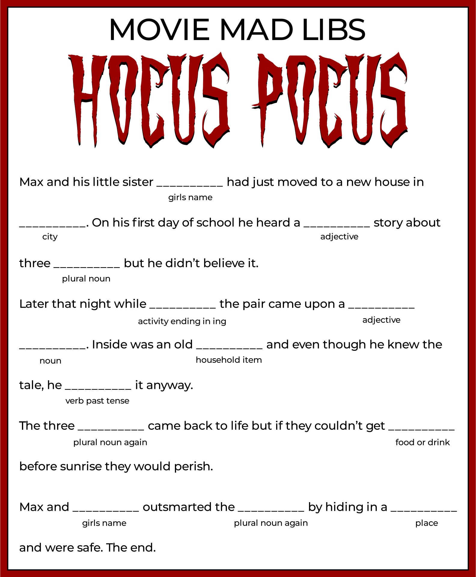Mad Libs For Free Printables