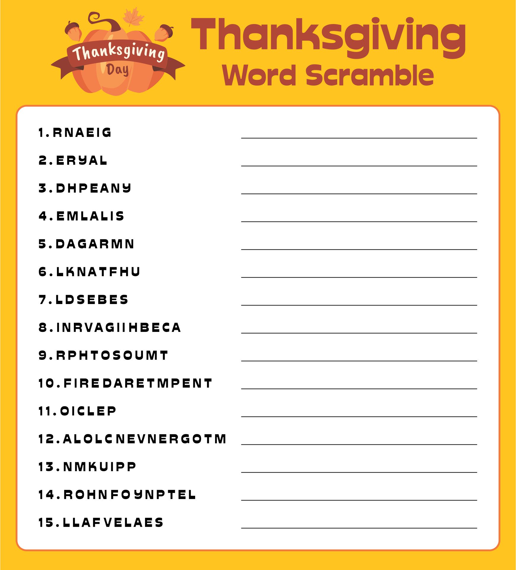 10 Best Thanksgiving Word Scramble Printable PDF for Free at Printablee