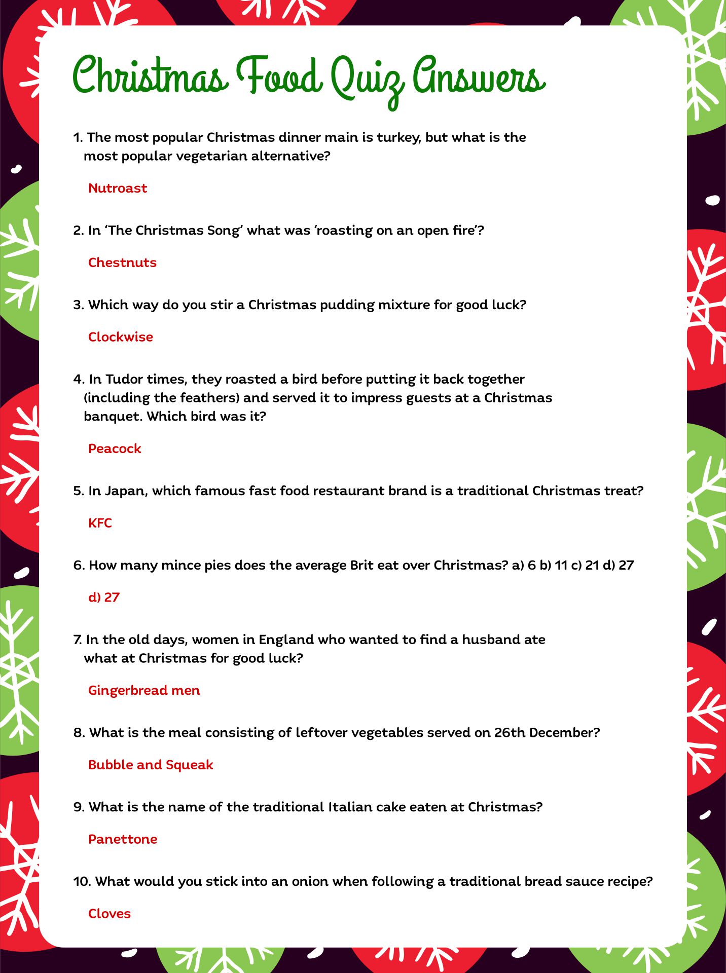 Christmas Food Trivia Questions Printable