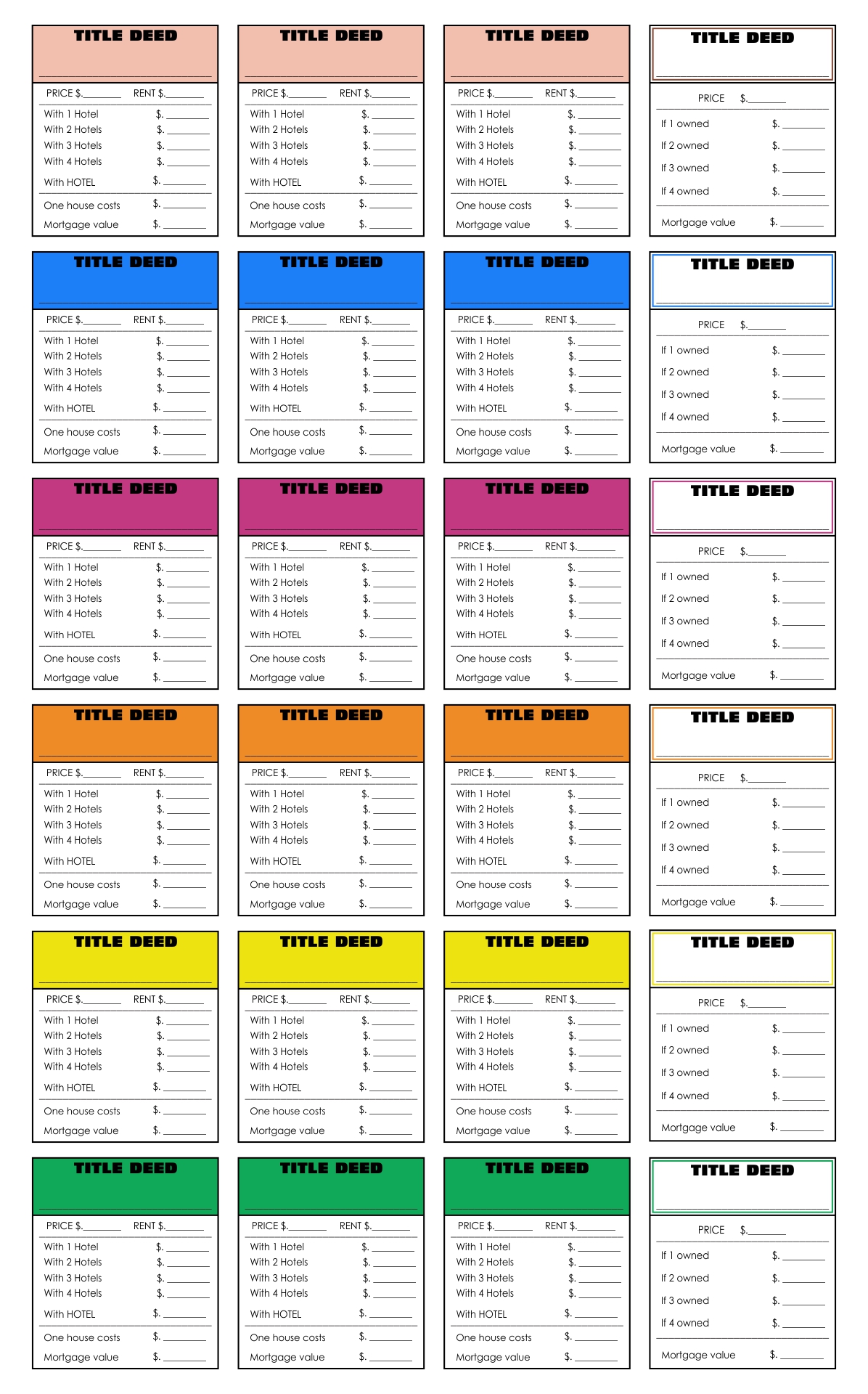 Monopoly Game Property Cards Set Printable