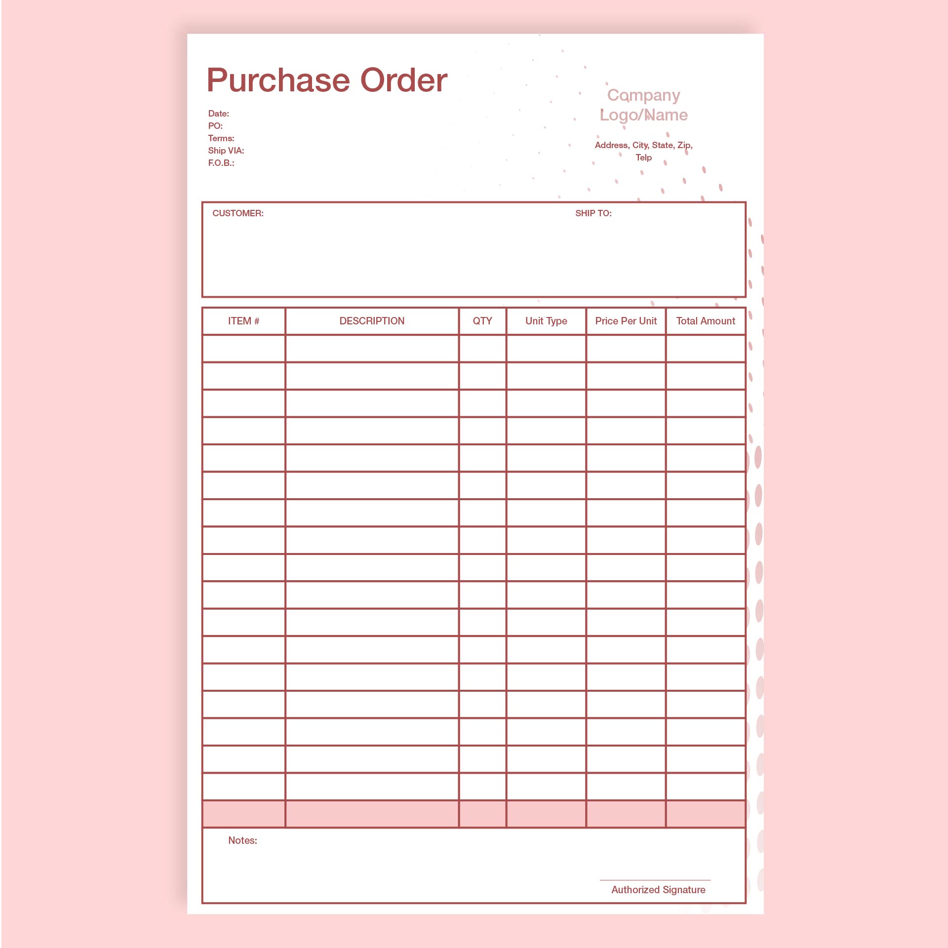 Printable Purchase Order Sheet for Inventory