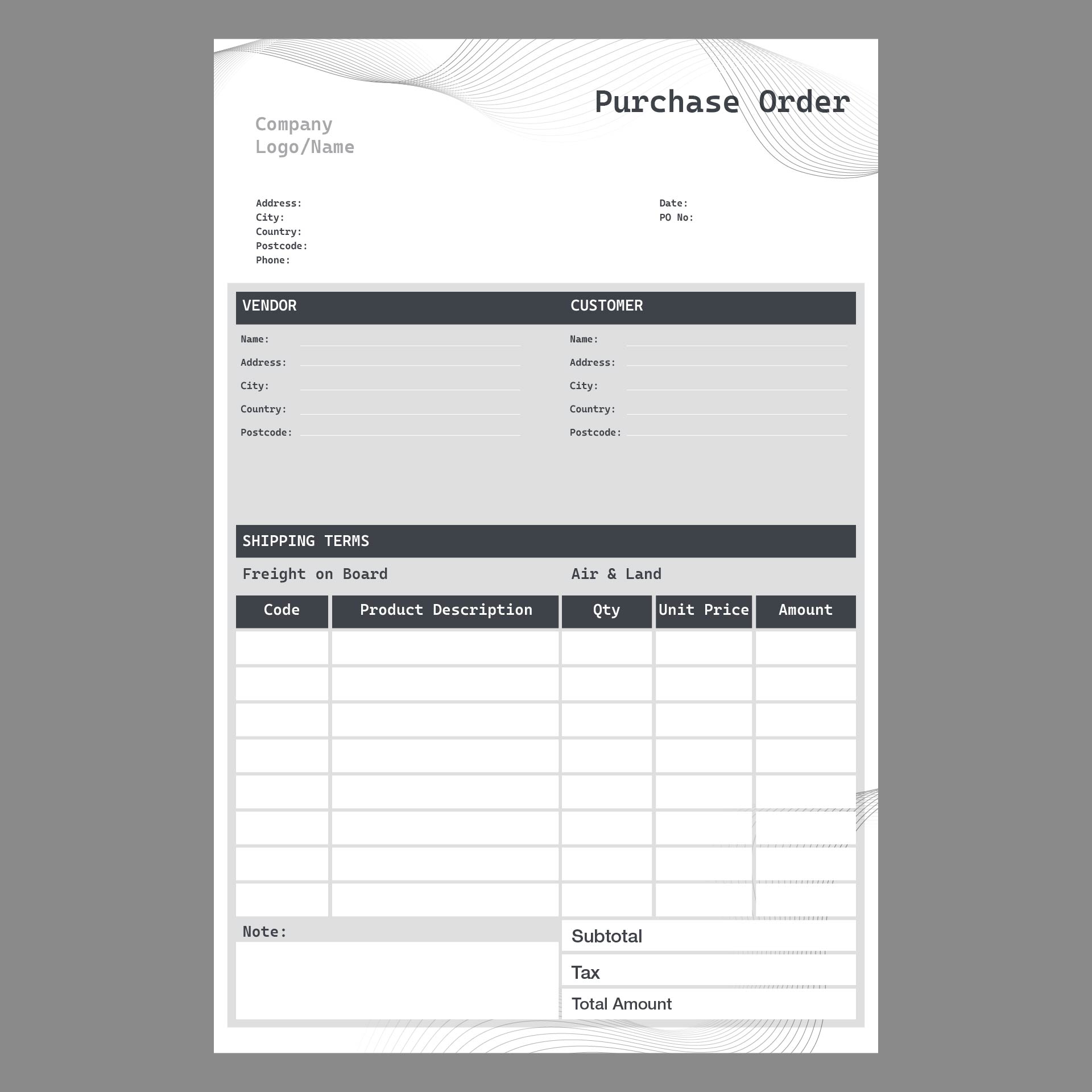 Professional Purchase Order Printable File