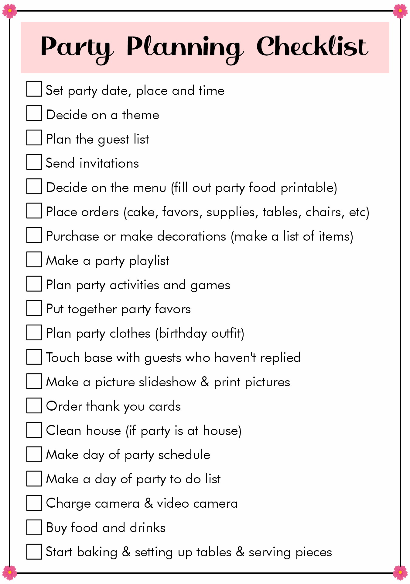 Birthday Party Checklist for Sweet 16