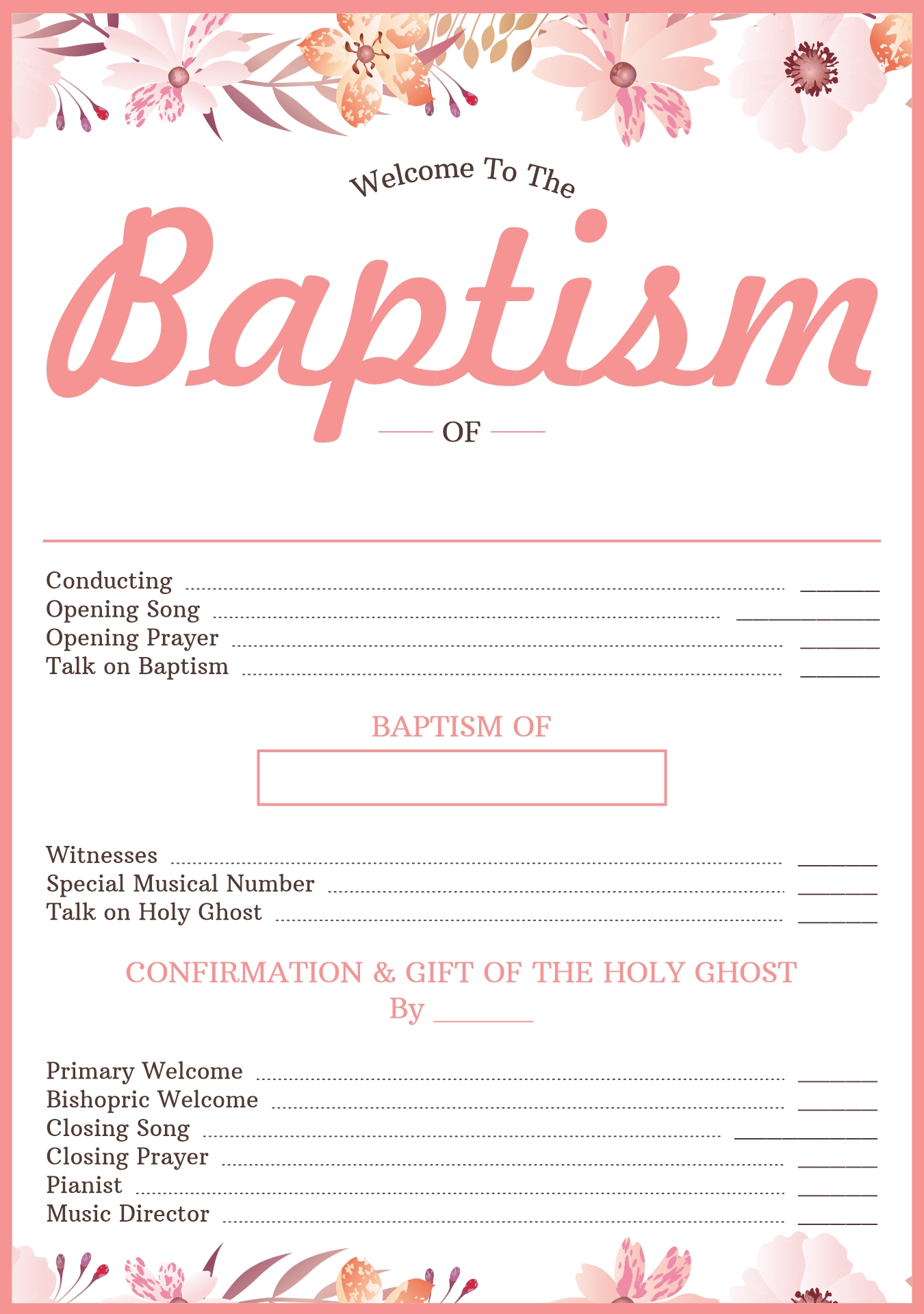 LDS Baptism Program Layout for Girls