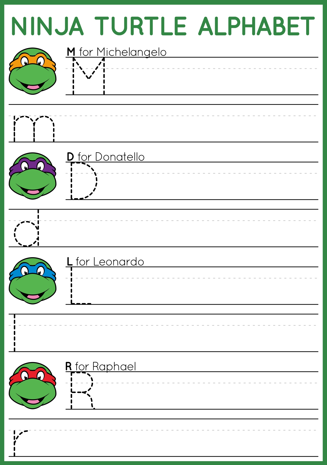 Ninja Turtle Themed Alphabet Worksheets