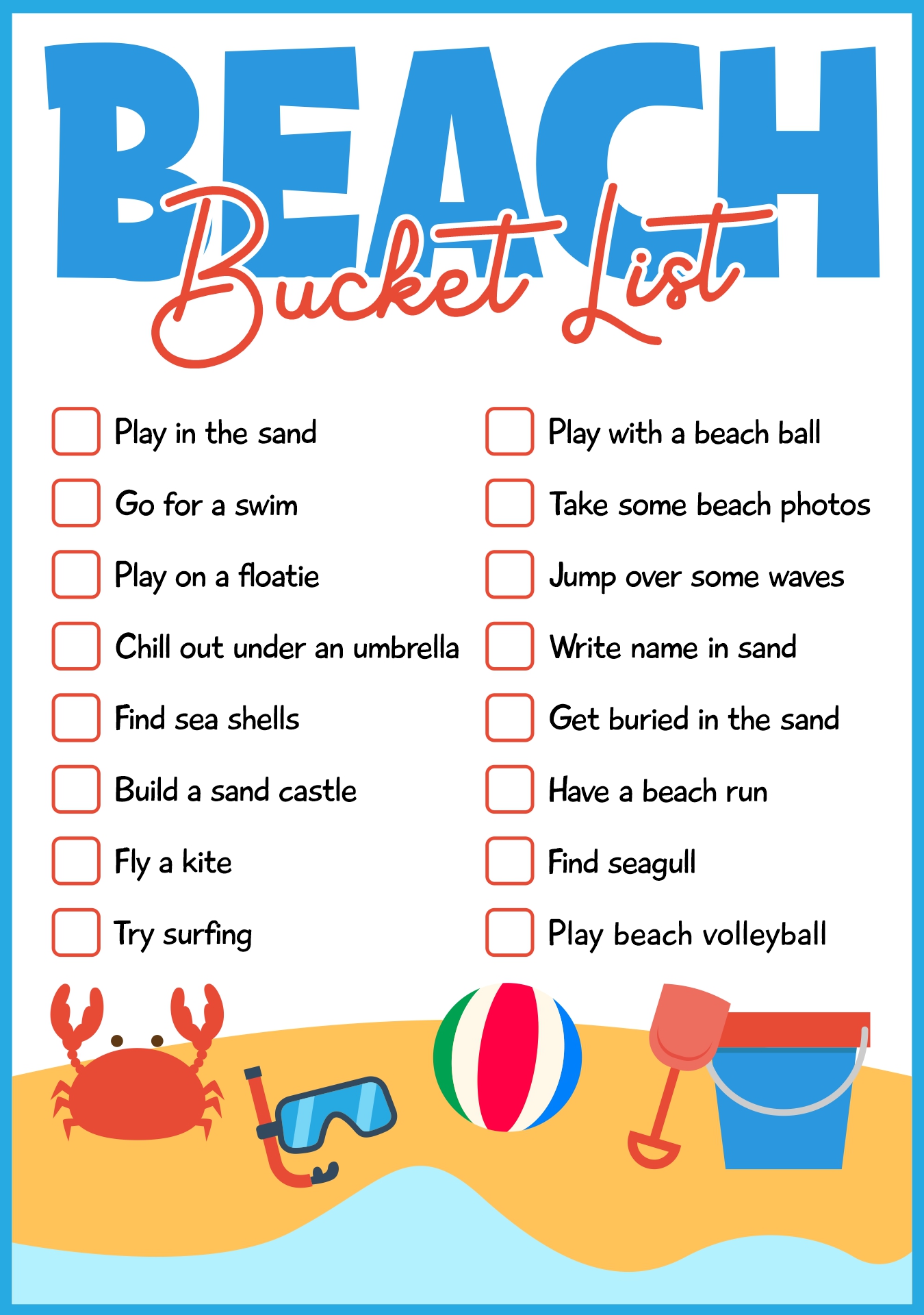 Printable Beach Bucket Checklist for Kids