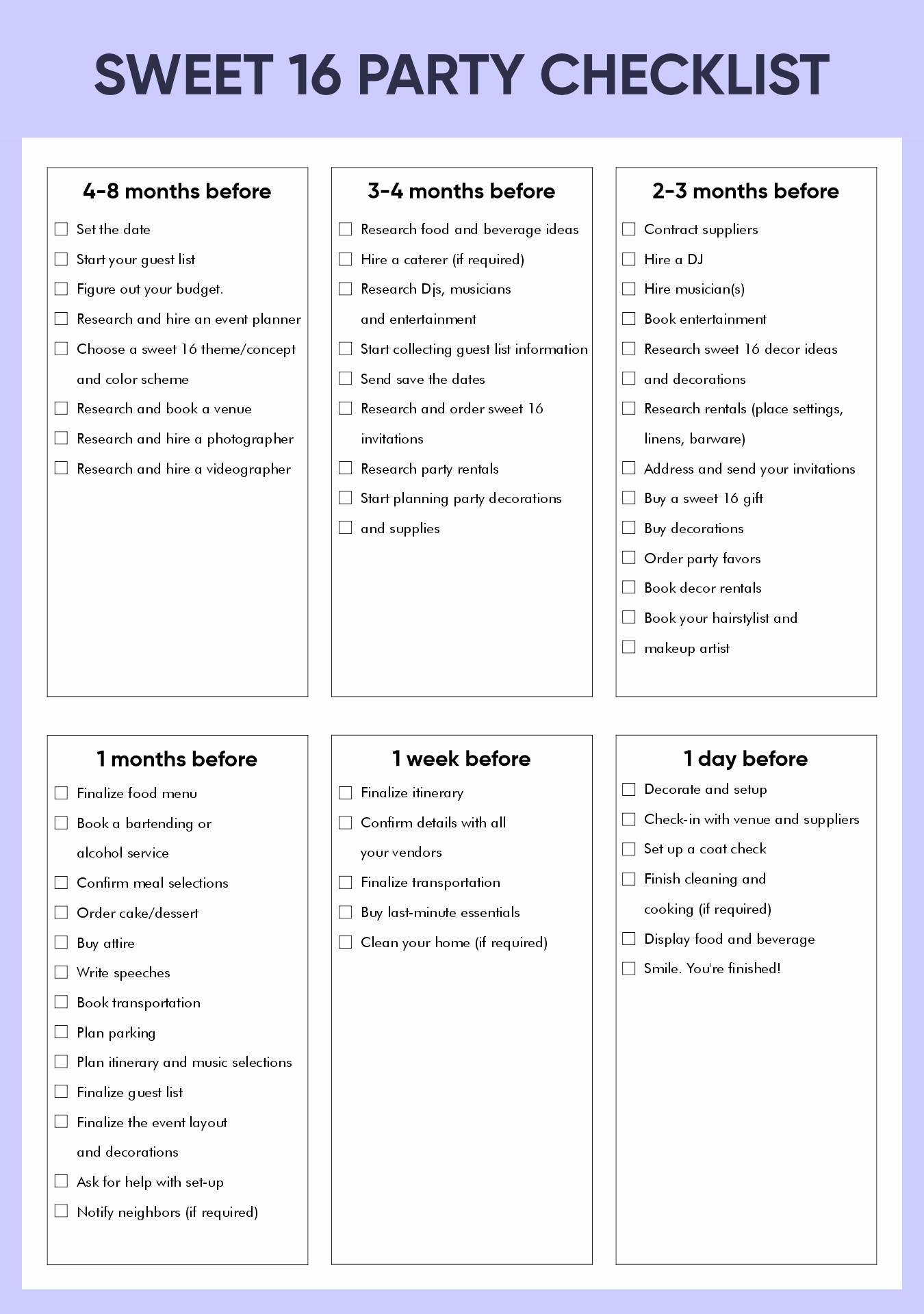 Sweet 16 Checklist and Timeline Template