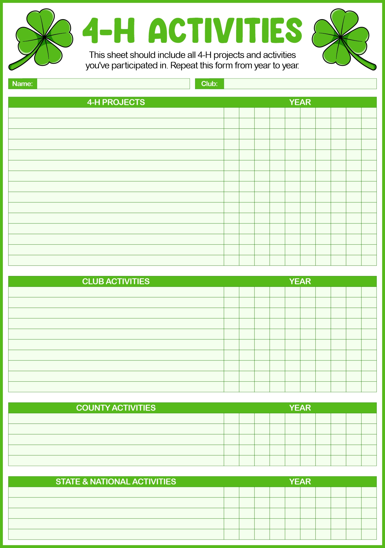 4H Club Activity Printable Sheets