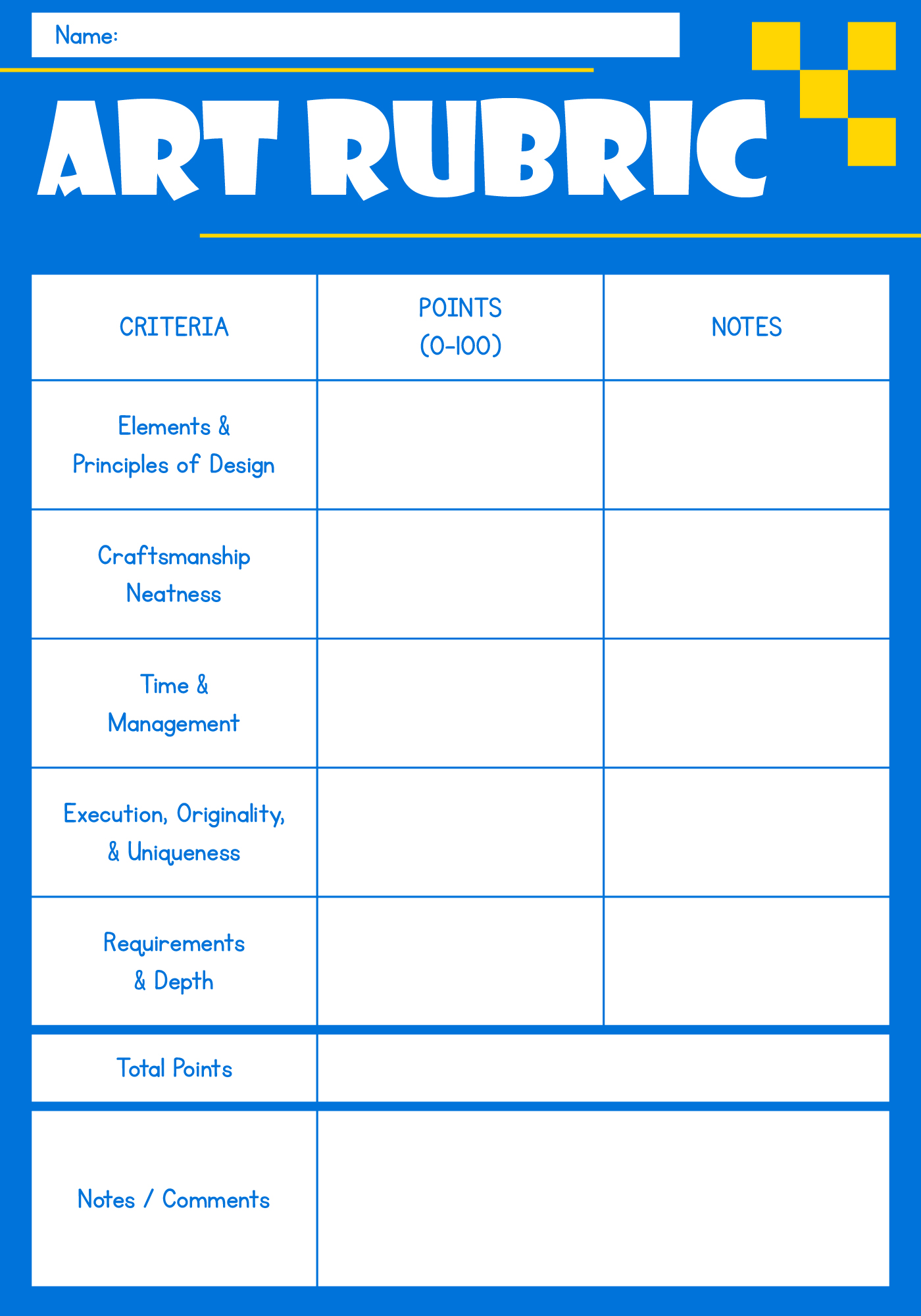 Art Class Performance Rubric for Elementary Schools Printable