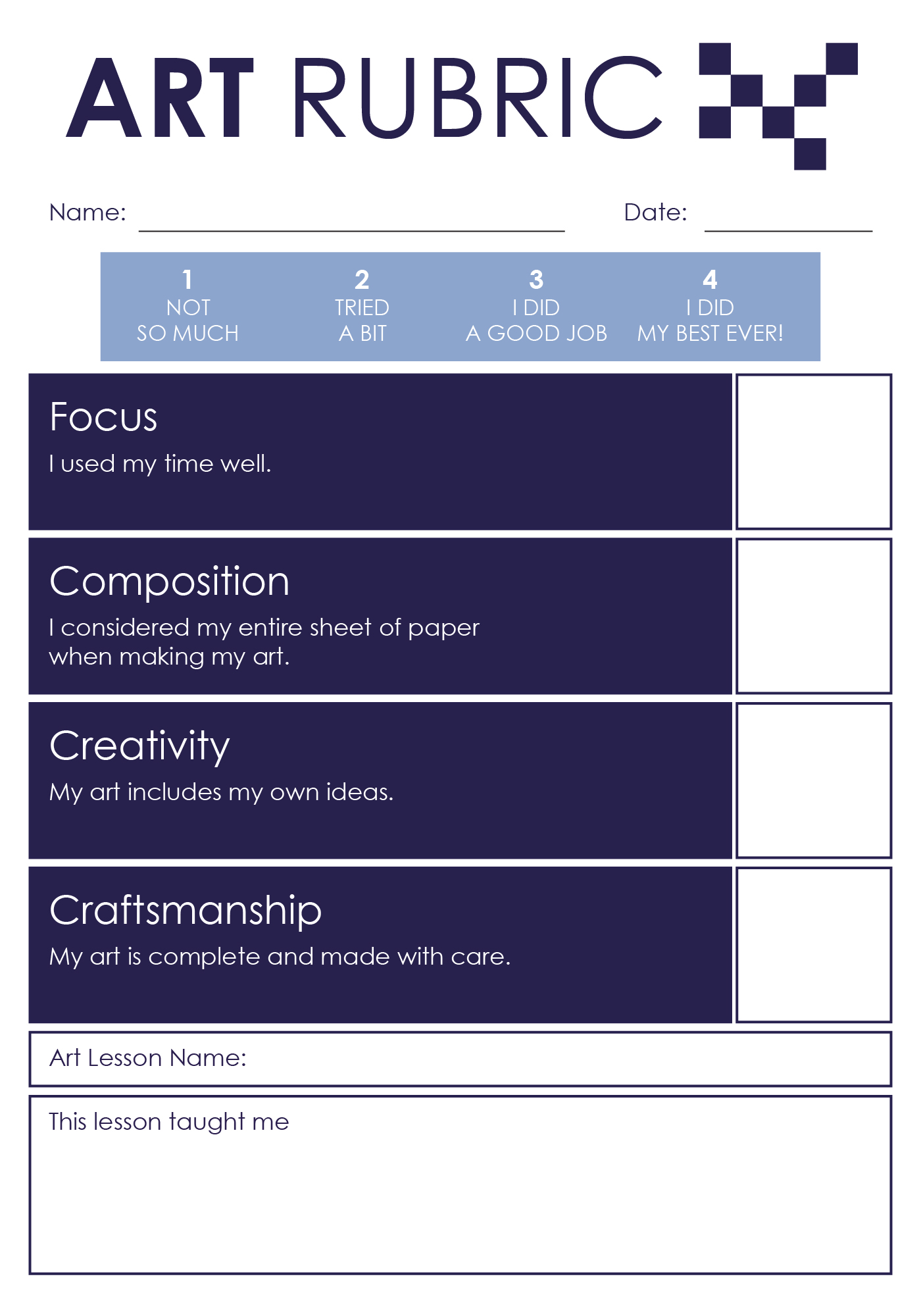 Art Project Grading Rubric for Elementary Printable