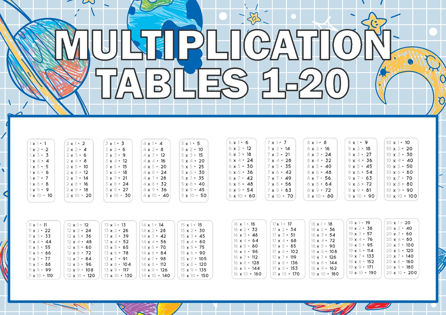 Colorful Multiplication Grid 1-20 for Printing