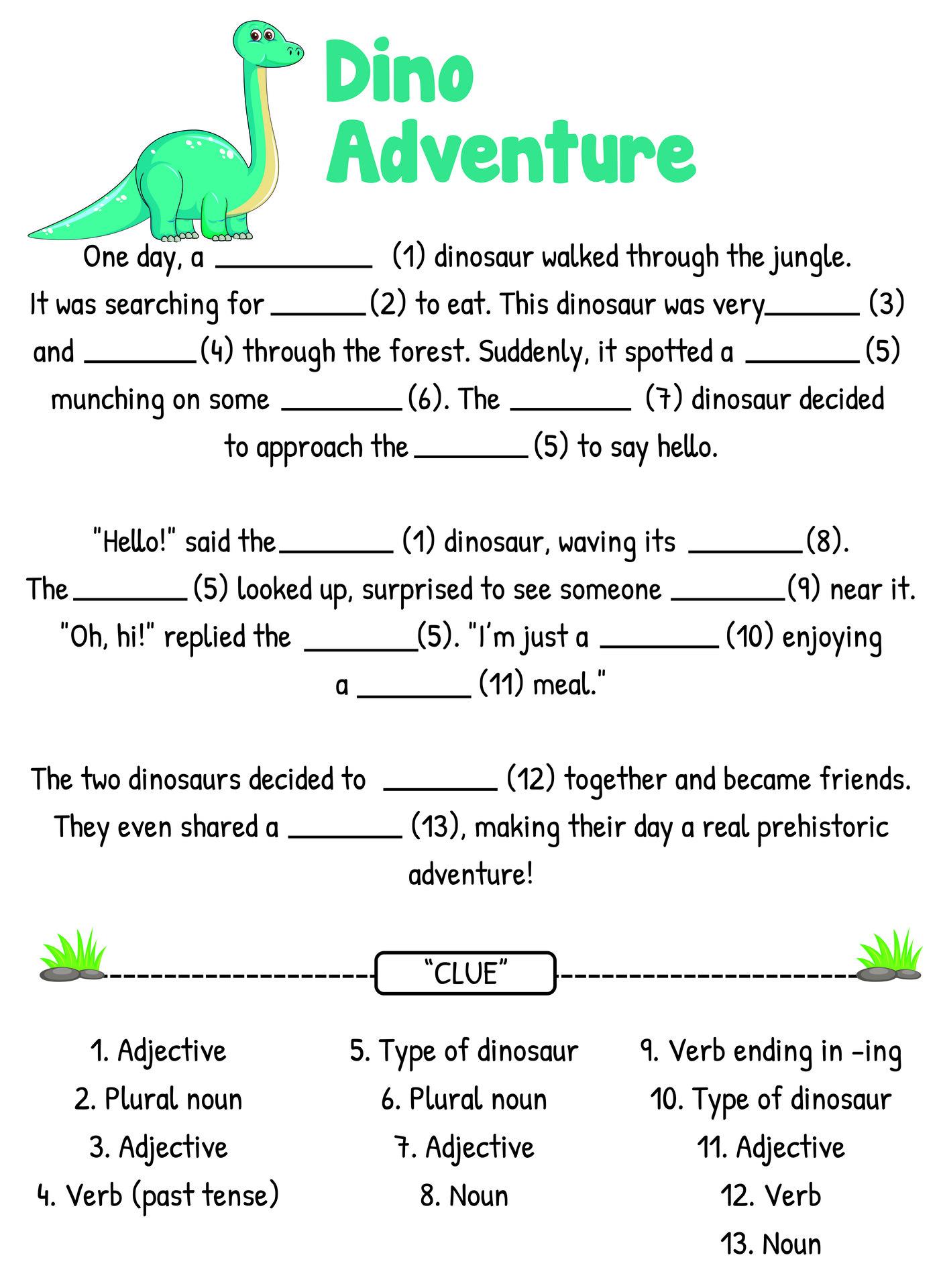 Dinosaurs Theme Printable Mad Libs for Kids