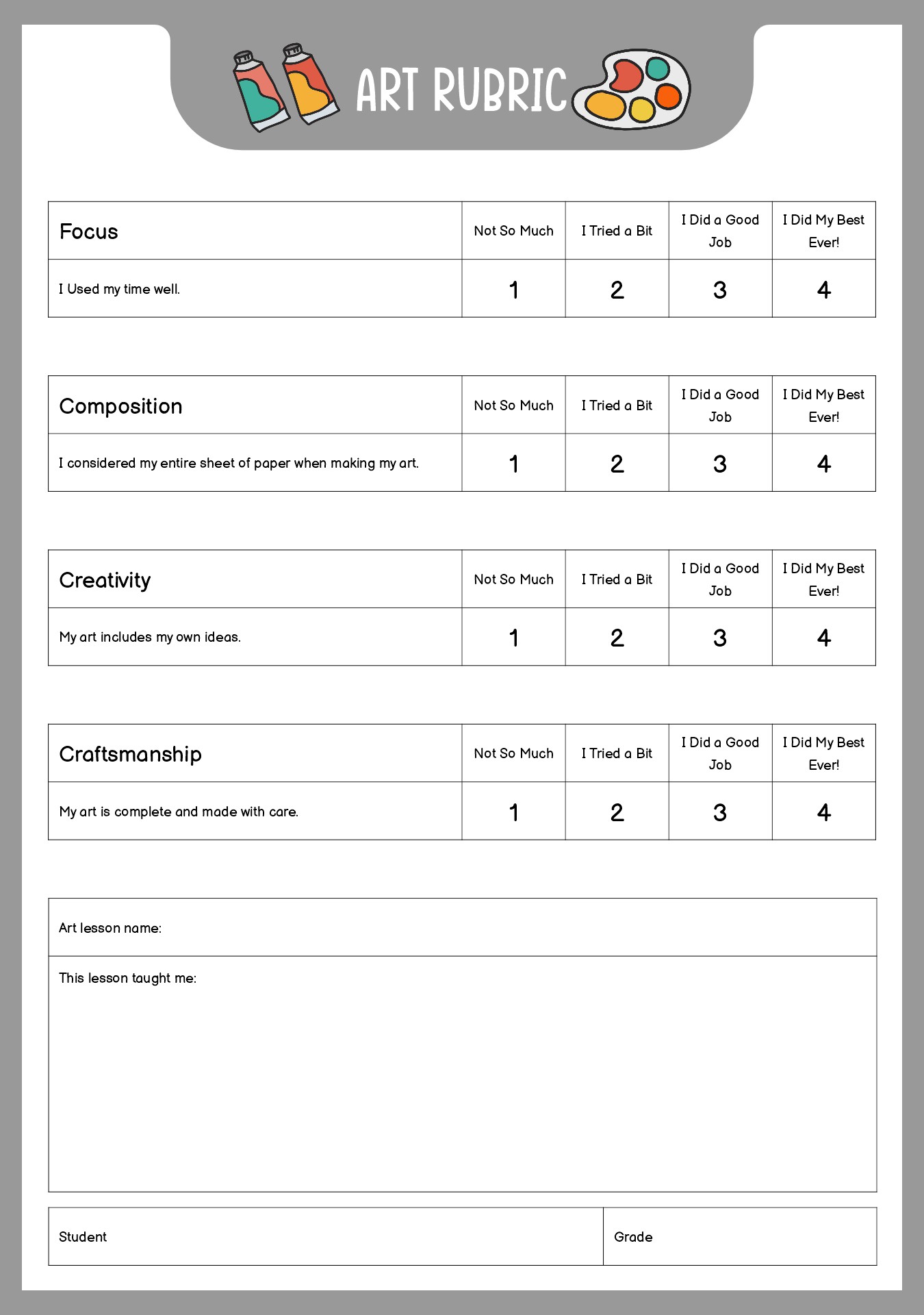 Elementary Art Class Assessment Rubric Printable