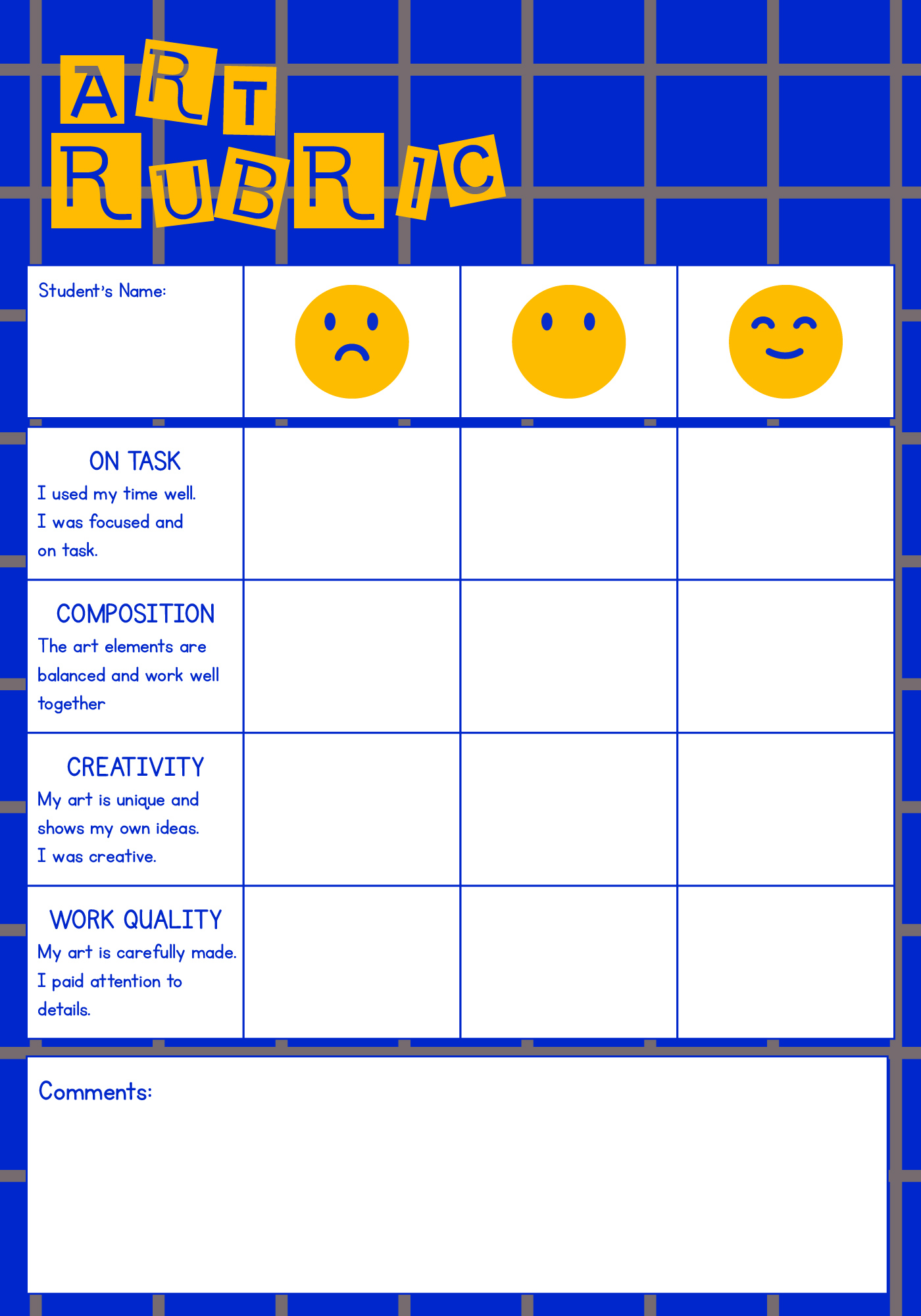 Elementary Art Evaluation Rubric Printable