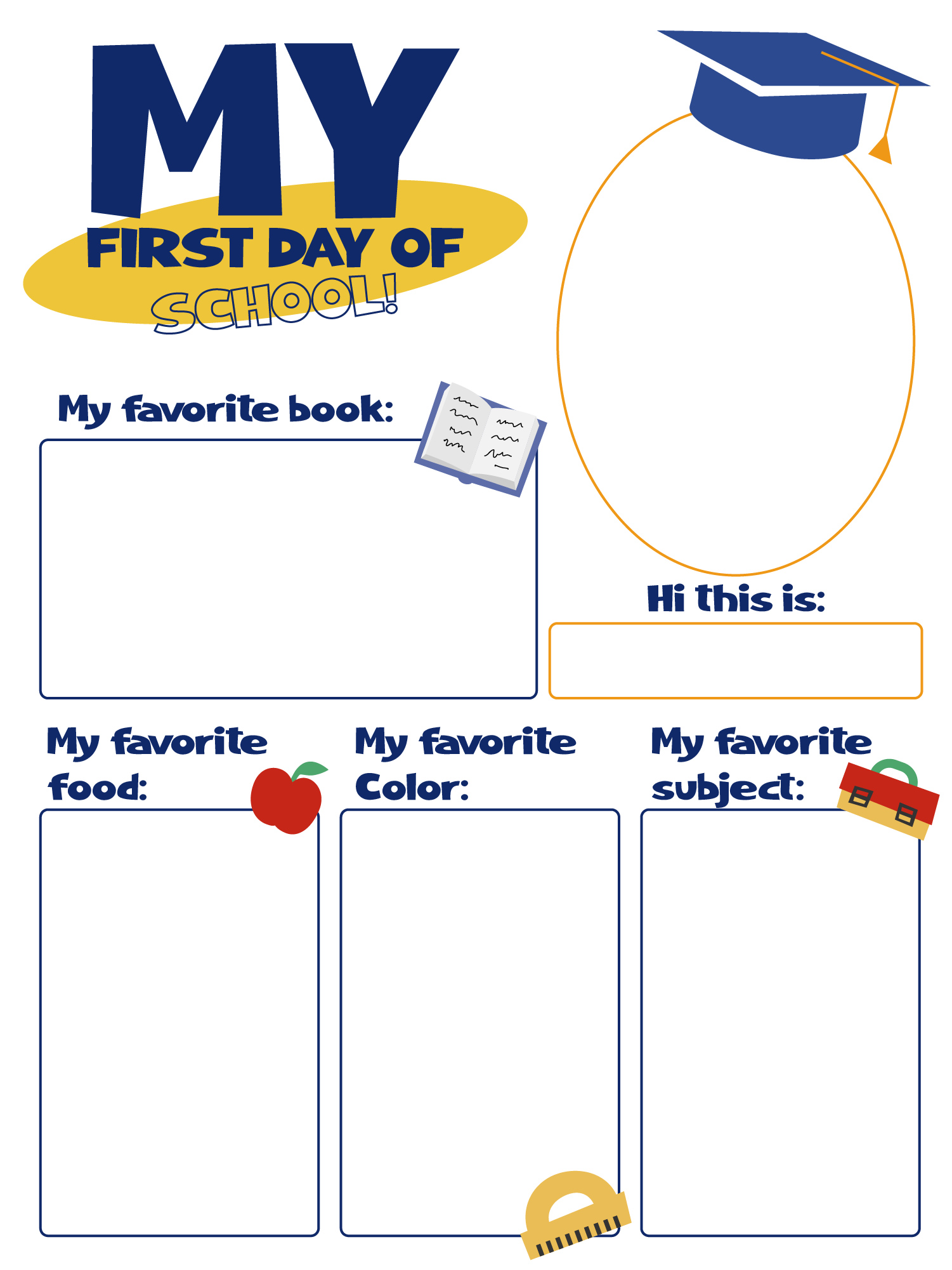 First Day of School Activity Sheets for Kindergarten