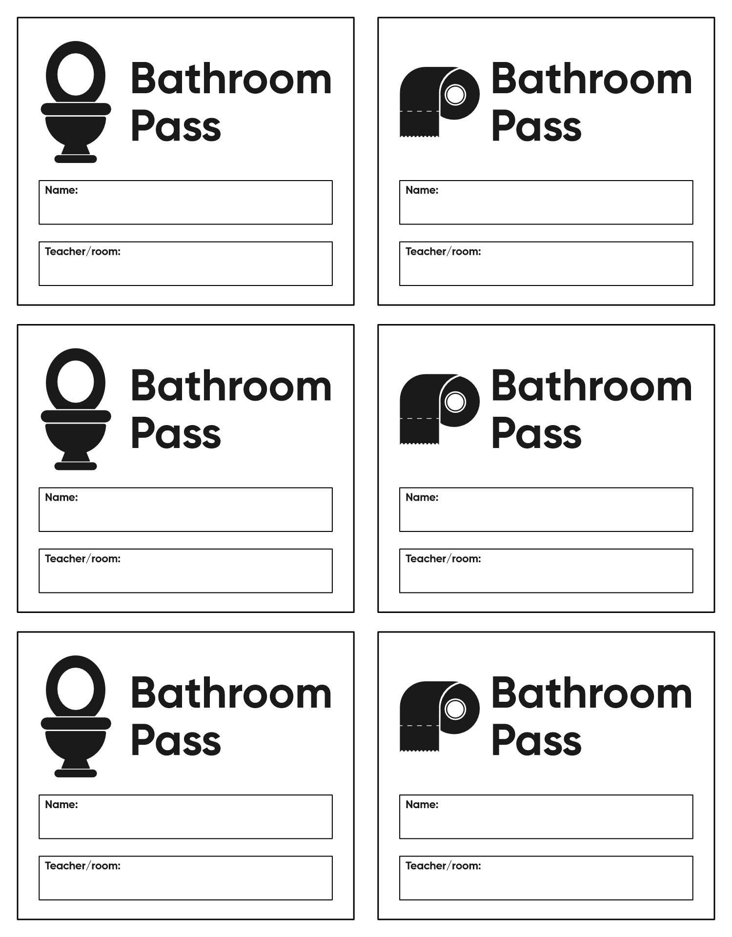 Individual Printable Restroom Pass Sheets