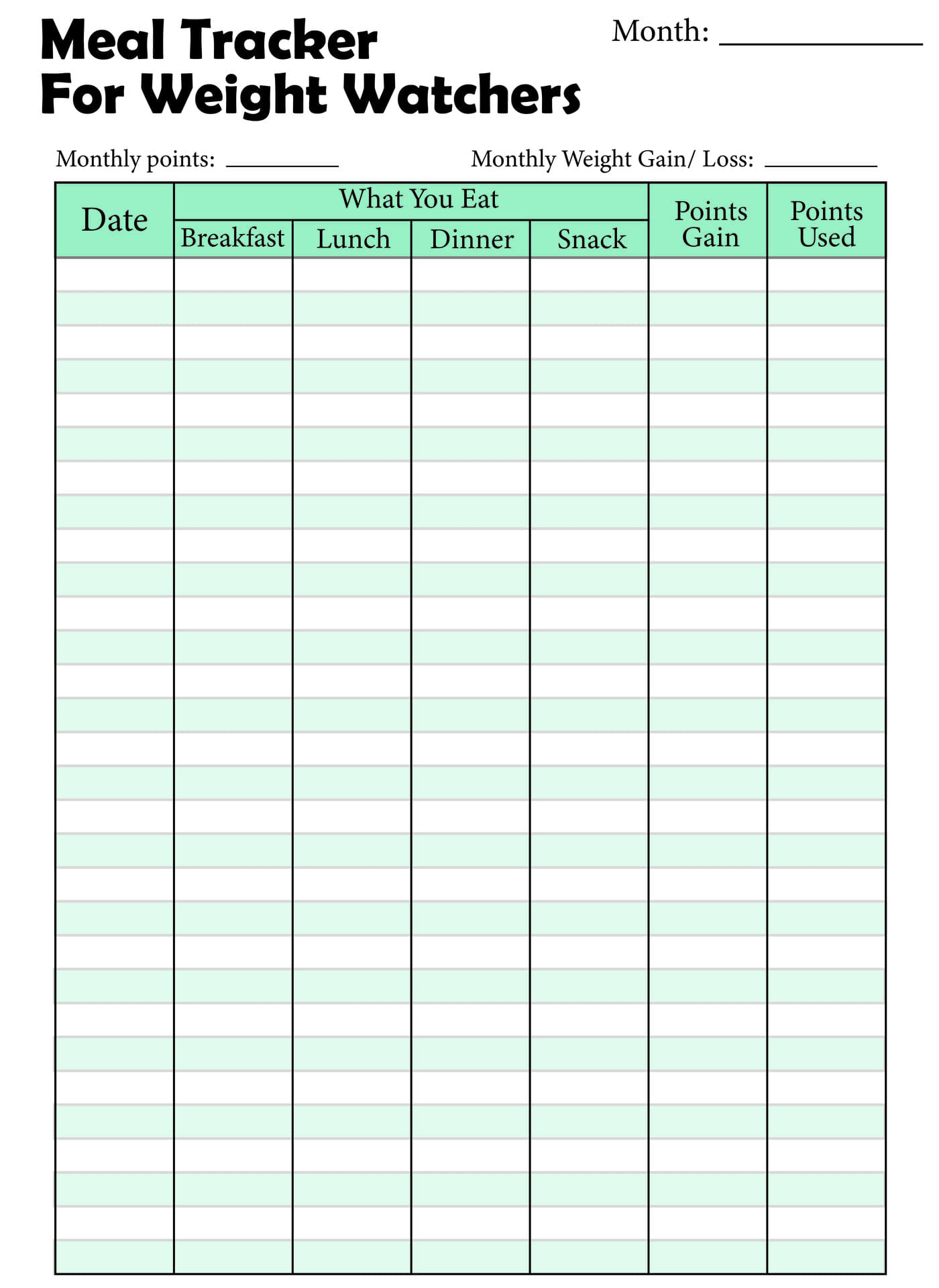 Meal Tracker Sheet Printable for Weight Watchers