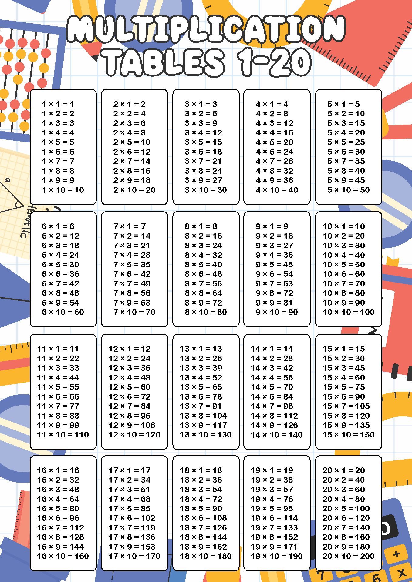 Multiplication Chart 1-20 Printable for Kids