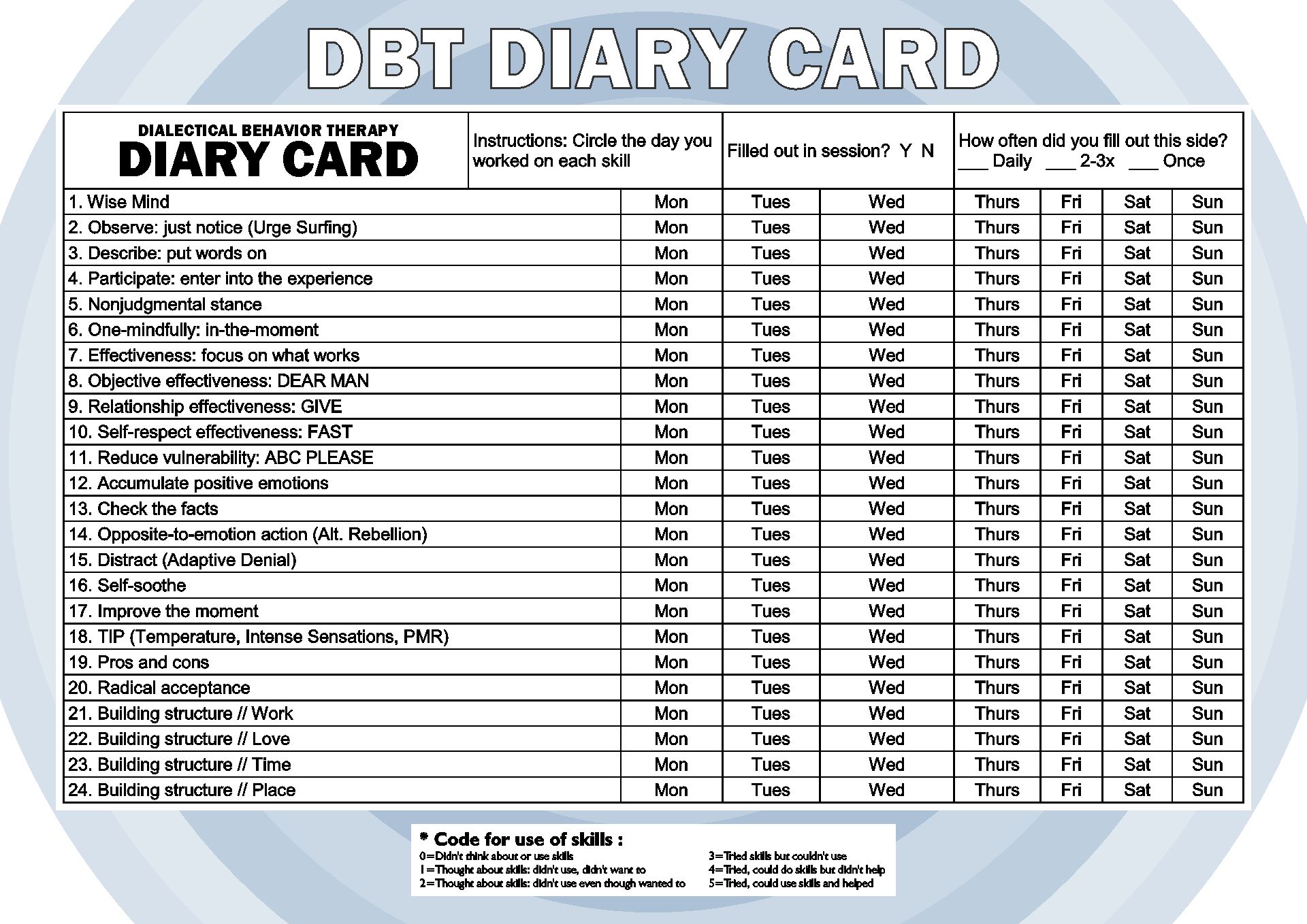 Printable DBT Diary Cards