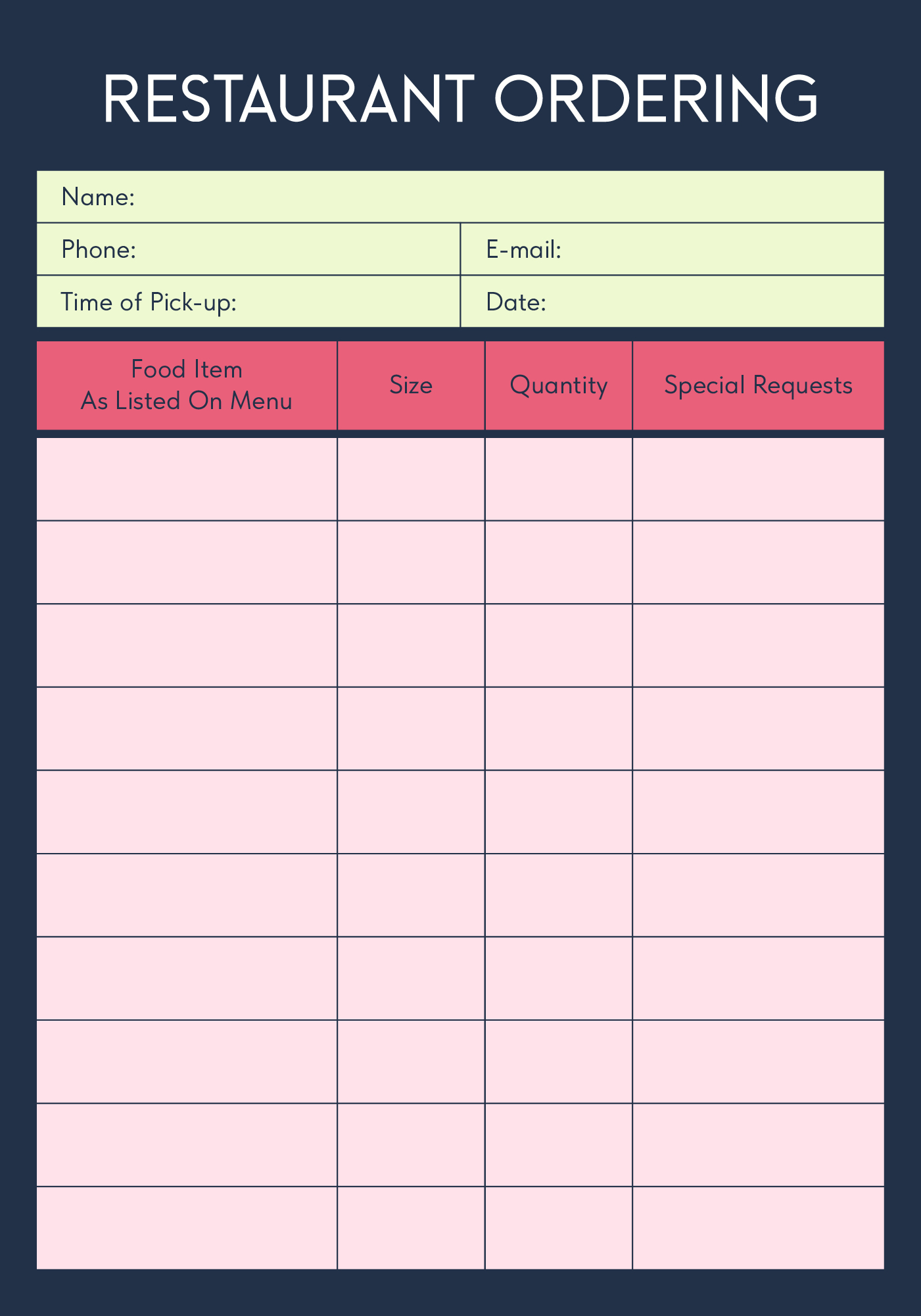 Printable Dining Order Slip for Restaurants